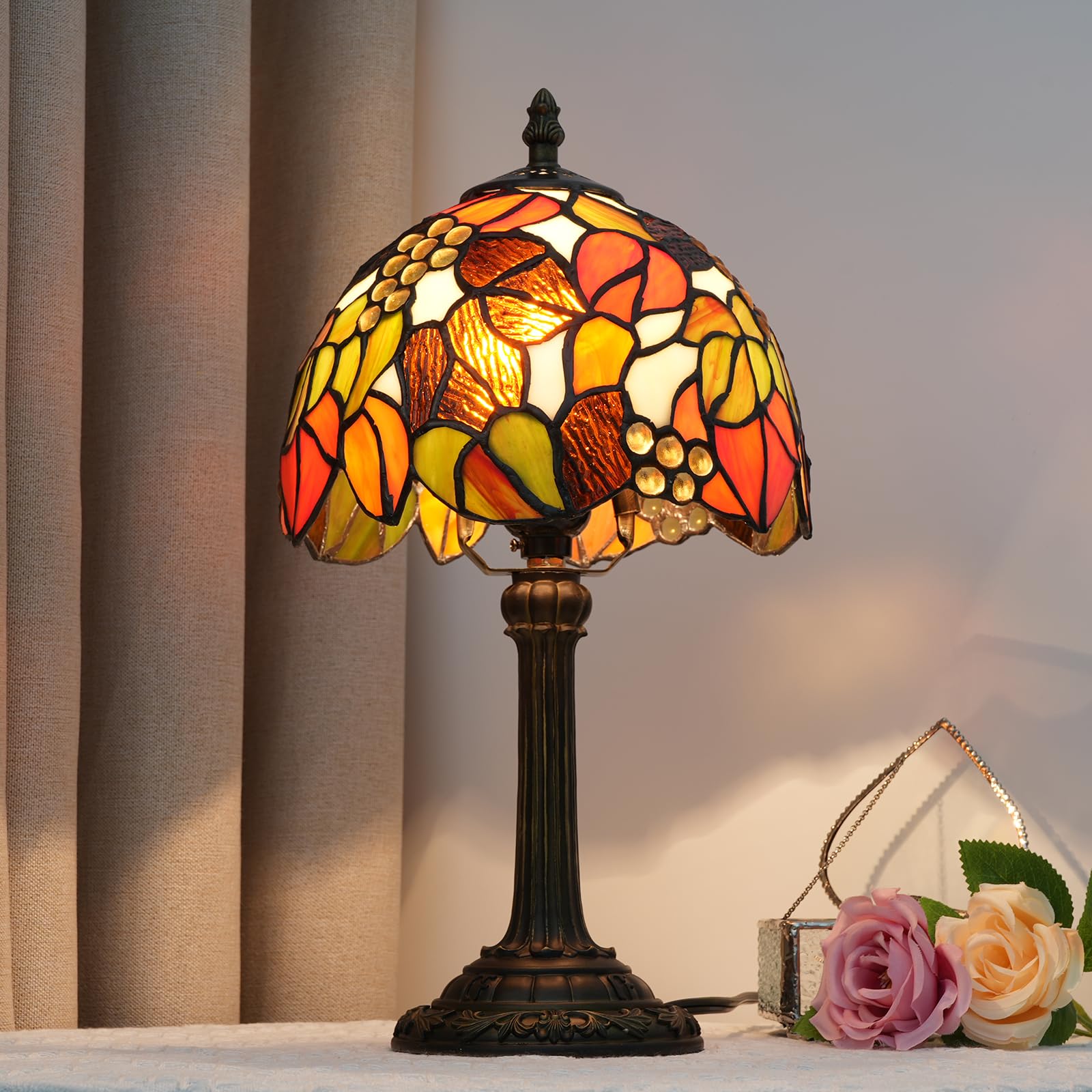 Tiffany lampa stołowa z witrażem, pomarańczowa, winogronowa, do sypialni, na biurko, do biura, sypialni, baru, dekoracja, styl retro, jedyny w swoim rodzaju, miły akcent, dekoracja 20 cm