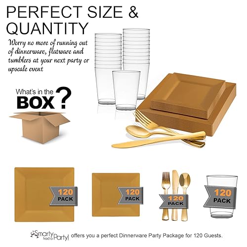 Miniatura 5 de Juego de vajilla de plástico desechable para 120 invitados, color blanco redondo elegante con platos llanos azules y dorados, platos de