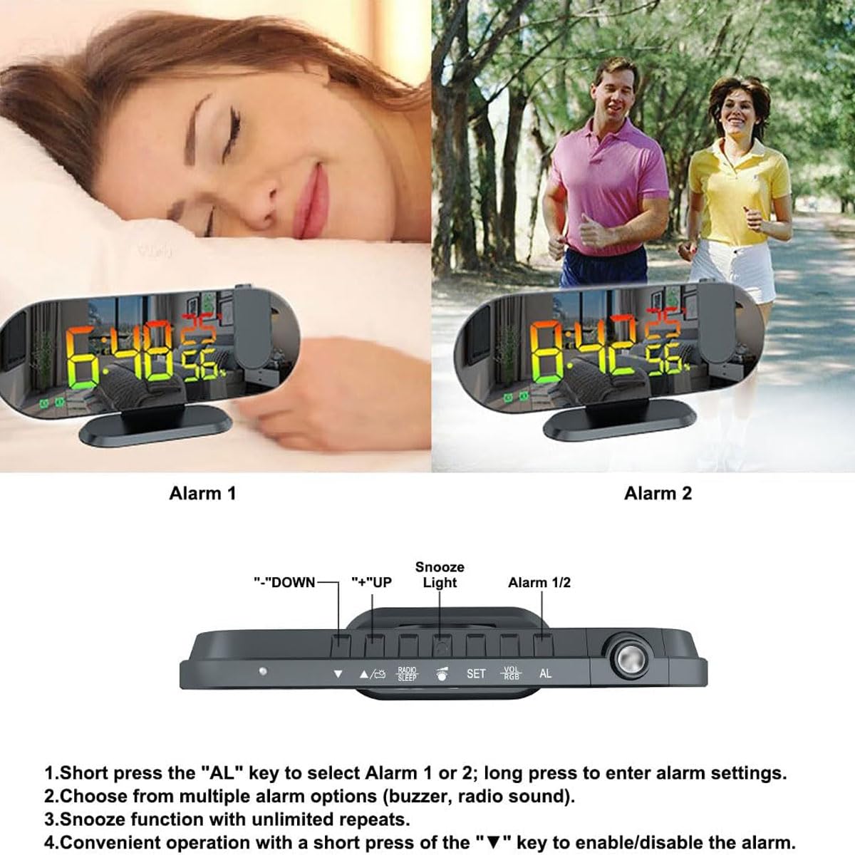 Projektionswecker, um 180° drehbare Projektor-RGB-Uhr, LED-Digital-Temperatur-Feuchtigkeitsmonitor mit Radio, Schlummerfunktion, 4-Stufen-Dimmer, 12/24 Stunden, USB-Ladeuhr für Schlafzimmer