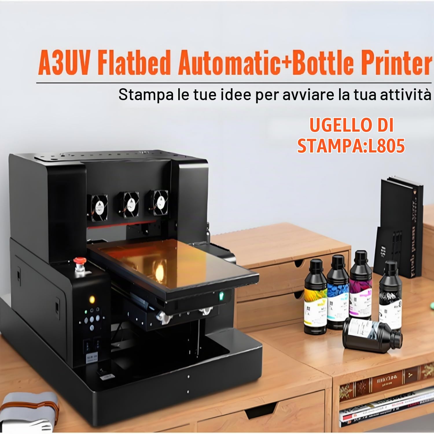 Stampante UV Flatbed Multifunzione A3 Automatica Modello L805 Risoluzione 1440x1440dpi Area Stampa 32x50cm con Albero Rotante per Stampa Cover Telefono Bottiglie e Oggetti Vari