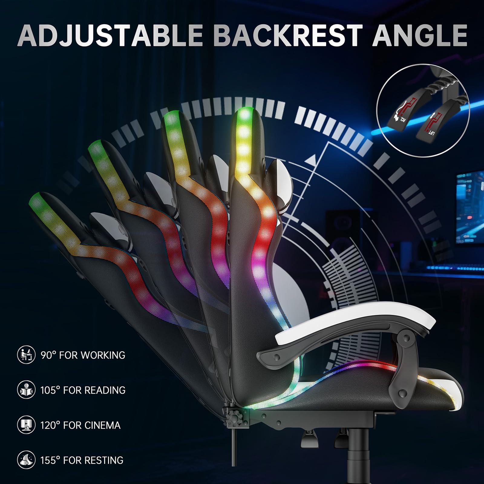 Silla de juegos con luces LED, silla reclinable ergonómica con luces RGB, reposacabezas ajustable y soporte lumbar, silla de oficina de piel sintética para computadora, altura e inclinación