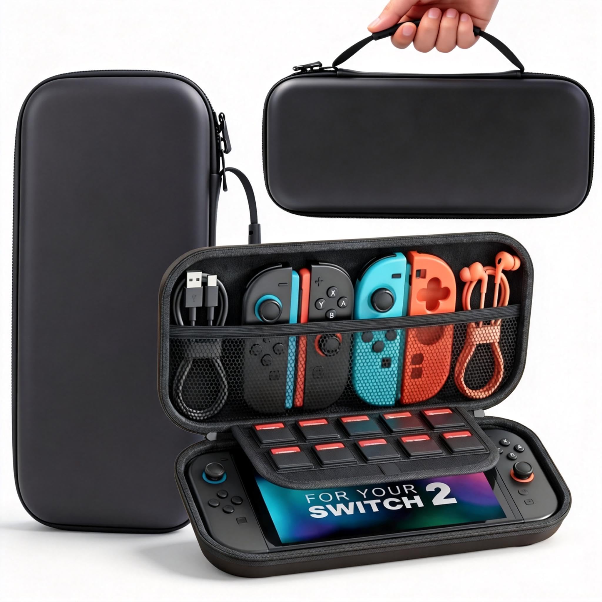 【Switch 有機ELモデル対応】EVA素材 全面保護ケース - 8枚ゲームカード収納、防塵・防汚・防水・耐衝撃、持ち運び便利 大容量収納バッグ ブラック バレンタインデープレゼントに最適