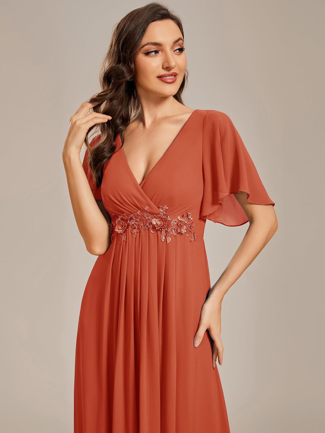 Ever-Pretty Women's Chiffon V-Neck Mother of Bride Dresses A-Line Ruched Short Sleeves Appliques Bridesmaid Dress Formal Gown - Image 3