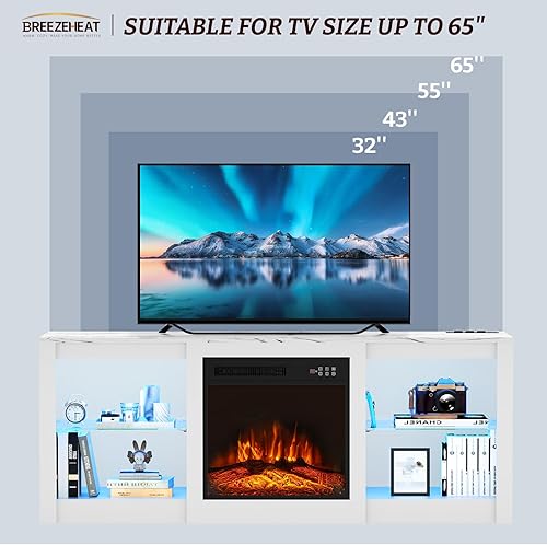 Miniatura 19 de BREEZEHEAT Soporte de TV eléctrico con chimenea de 36 pulgadas de hasta 80 pulgadas, centro de entretenimiento LED con puertas de alto brillo,