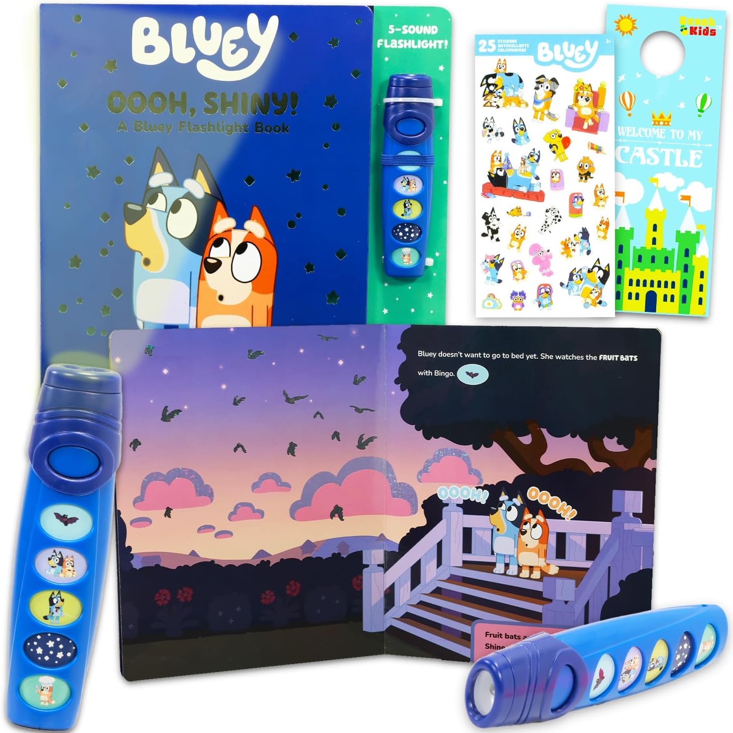 Bluey Flashlight and Book for Kids - Interactive Storytime Bundle with Adventure Book and 5-Sound Flashlight Plus Stickers, More | Bluey Sound Book