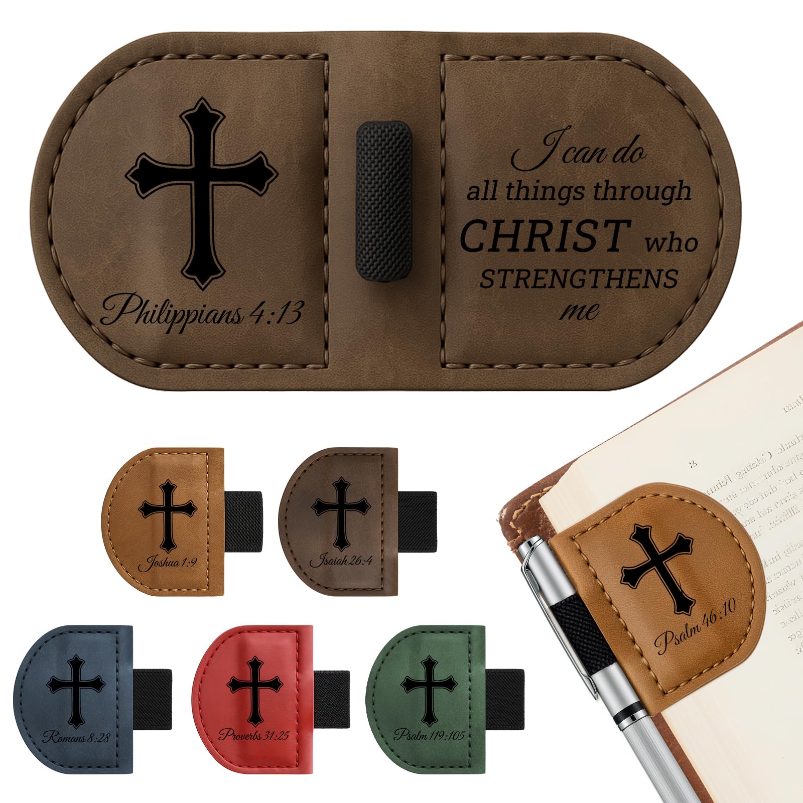 Bygone Mark Magnetic Personalized Leather Bookmark with Pen Holder - Engraved Scripture Detail, Inspirational Reading Accessory and Gift for Christian Book Lovers(Coffee-Philippians 4:13)