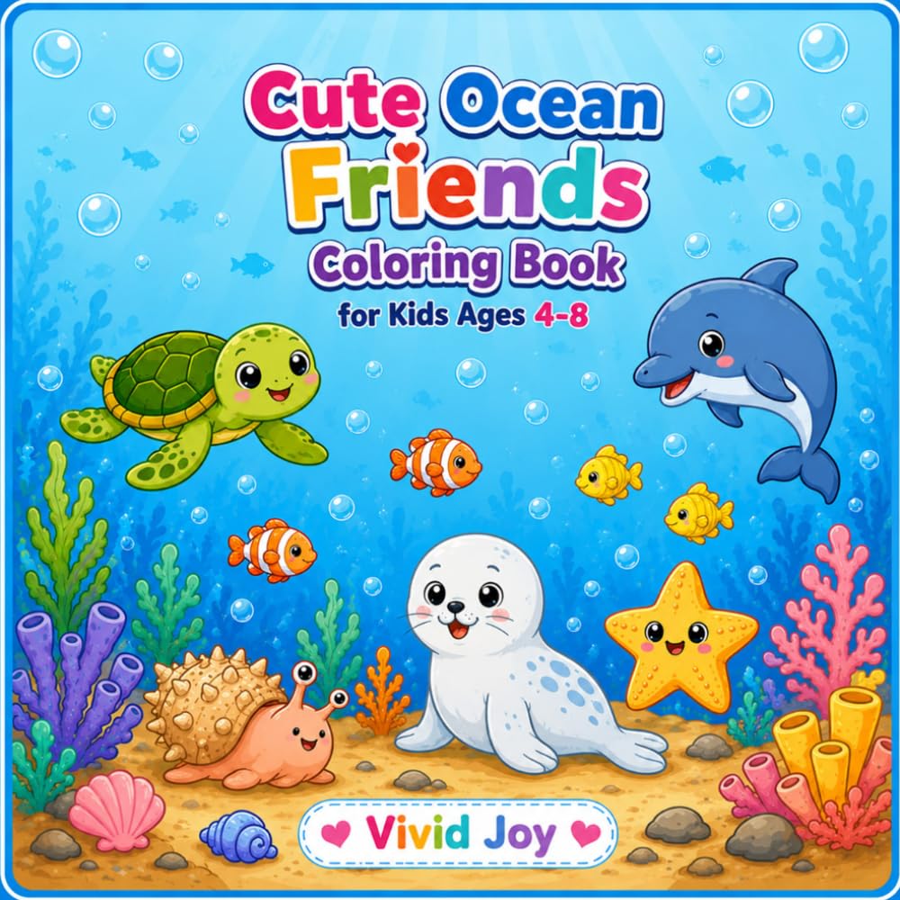 Cute Ocean Friends Coloring Book for Kids Ages 4-8: Easy and Fun Sea Animals Coloring Pages for Boys and Girls