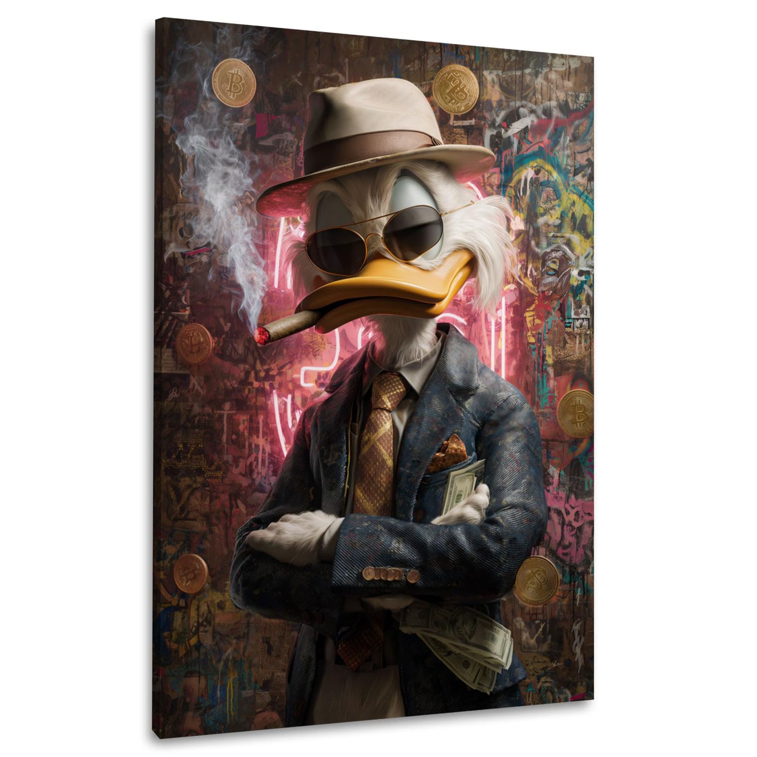 Ente Investor in Kryptowährung Wandbild Leinwandbild Kunstdruck XL Wanddeko | Ente mit Hut und Bitcoin Münzen
