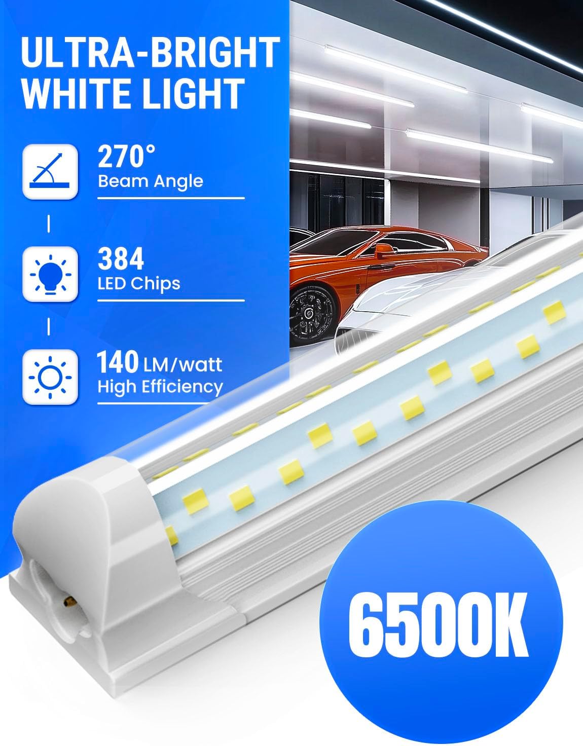 T8 LED Shop Lights, 4FT 6300LM 6500K, 45W V-Shape Linkable Shop Light, Plug and Play, Integrated Tube Light with ON/OFF Switch, LED Lighting for Garage, Workshop, Basement, Warehouse, 4 Packs