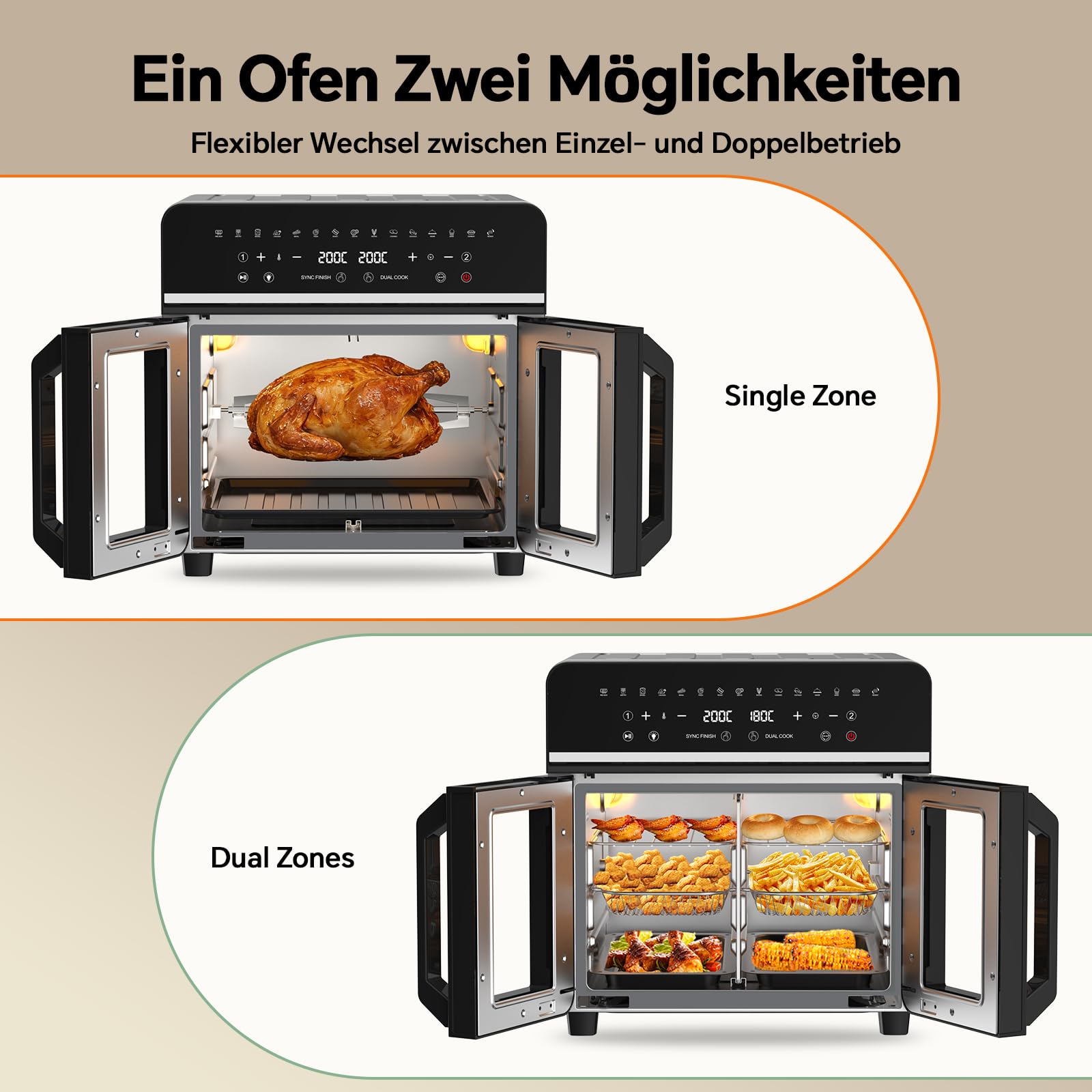 Heißluftfritteuse 23L XXL Mini Backofen mit Französischen Türen, 2600W Air Fryer Dual Zone mit Smart-Touch, Sync Finish, 15 Programme, Inkl. Rezeptbuch & 13 Zubehörteile, Metallgehäuse