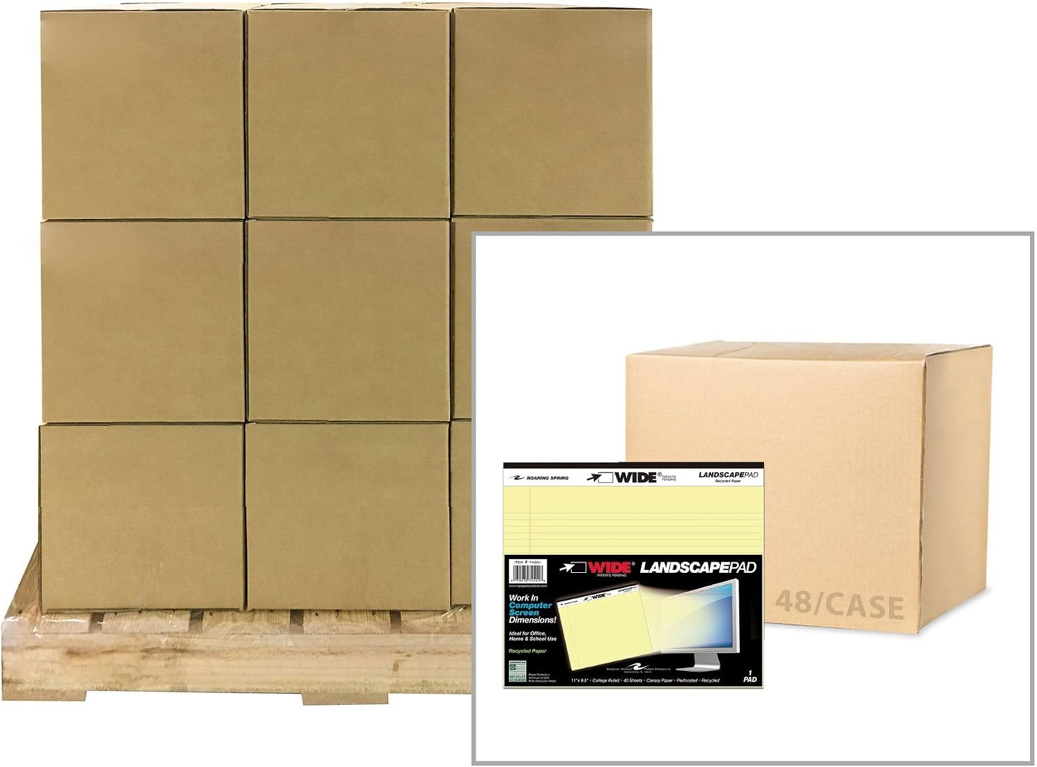 Pallet of 35 cases (1680 total) Landscape Note Pads, 11"x9.5", 40 sheets of Heavyweight 20# Recycled Canary Paper, College Ruled, Micro-Perforated