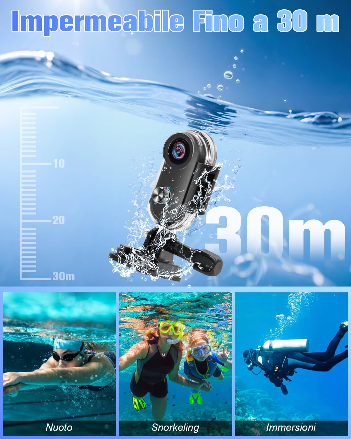 Action Cam 4K, Fotocamera Subacquea 30M, 120° Videocamera Sportiva WiFi Mini Telecamera Sportiva Body Cam Telecamera per Pollici Bici Moto Casco Sci Surf con Accesorios Multiples