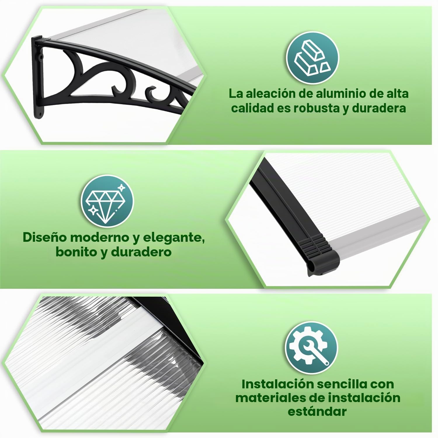 Marquesina para puerta de casa de 120 x 100 cm, toldo de policarbonato de 6 mm, soporte de PP, toldo transparente con arco de arco, extremadamente resistente a la intemperie, protege contra la