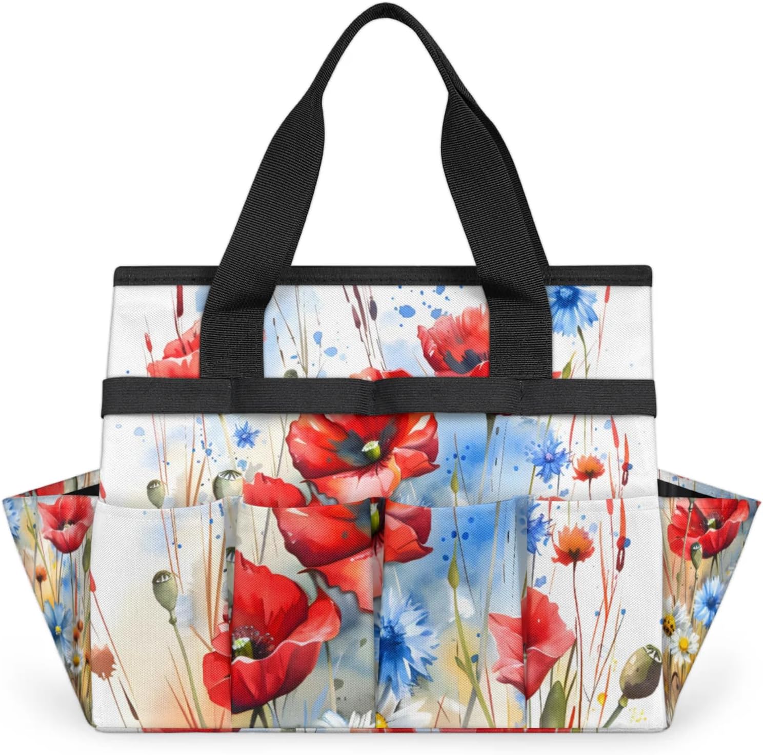 Floral Colorful Poppy Flower Garden Tool Bag, Heavy Duty Garden Tote Bag Organizer with 10 Pockets Gardening Gift for Women and Men