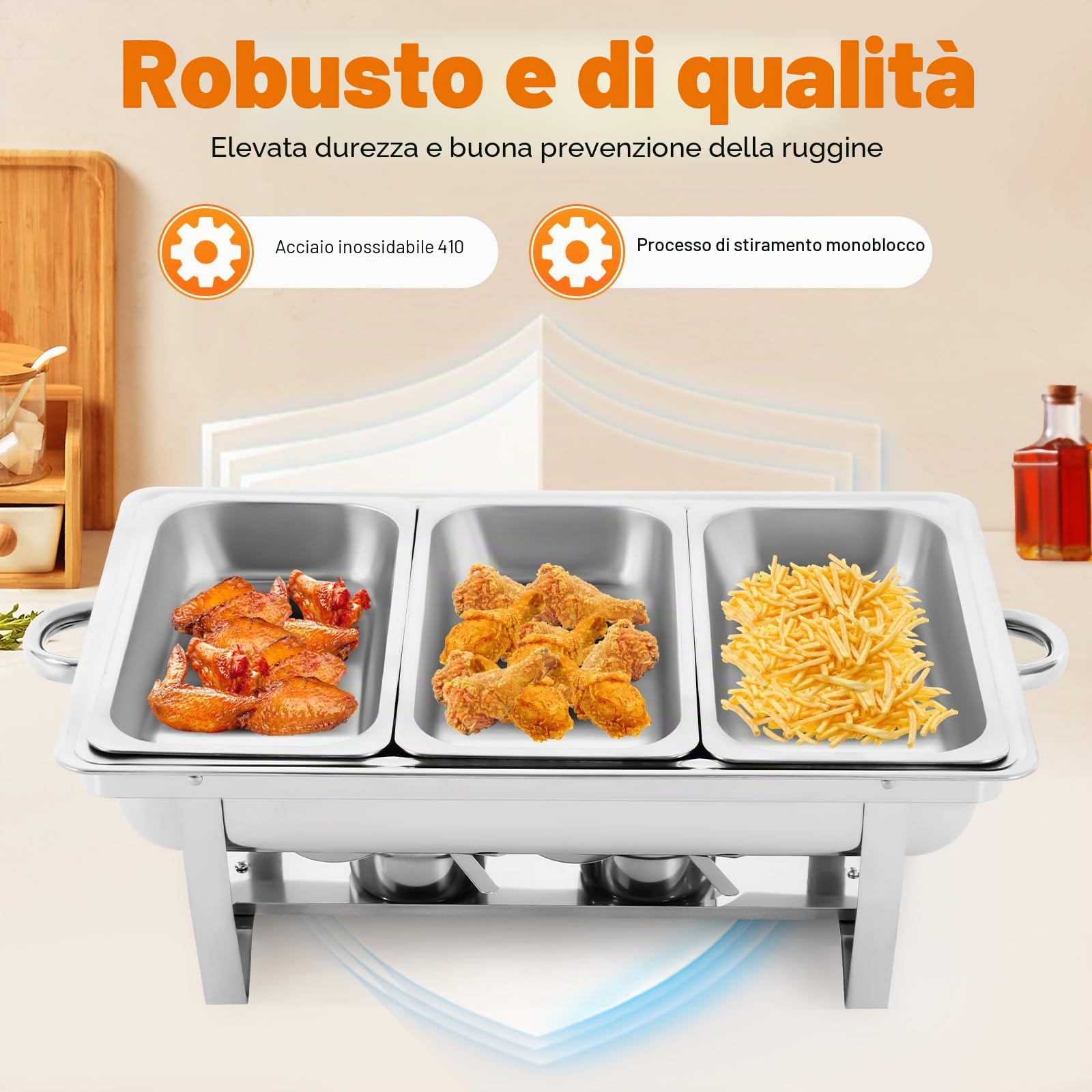Set professionale per chafing Dish, Scaldavivande per Buffet Acciaio Inox 3x 9L, 52,8 x 32,5 x 9,2cm Contenitore Vassoio di Riscaldamento per Buffet Albergo Hotel Mensa Supermercato Ristorante