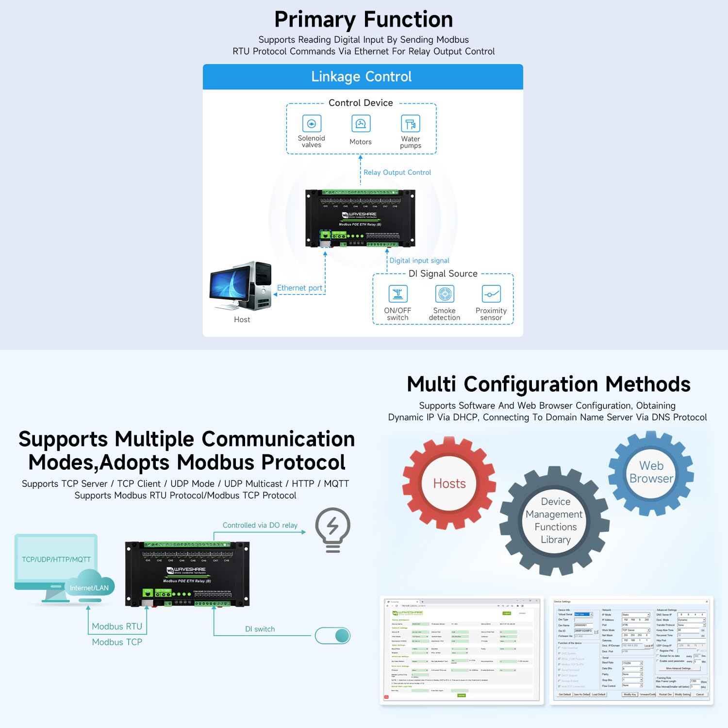 Waveshare 8-Ch Ethernet Relay Module (B) with Digital Input, Modbus RTU/Modbus TCP Protocol, PoE Port Communication, with Various Isolation and Protection Circuits, Industrial Grade Rail-Mount Case