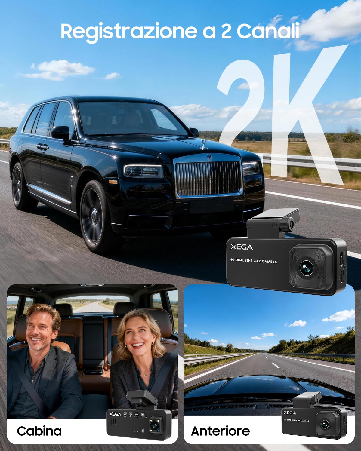 XEGA Dash Cam Auto 2K 4G con Scheda SIM, GPS, Monitoraggio di Parcheggio, Rilevamento Collisione/Movimento Radar, Audio Bidirezionale, Modalità Privacy, Video in Diretta/Cloud