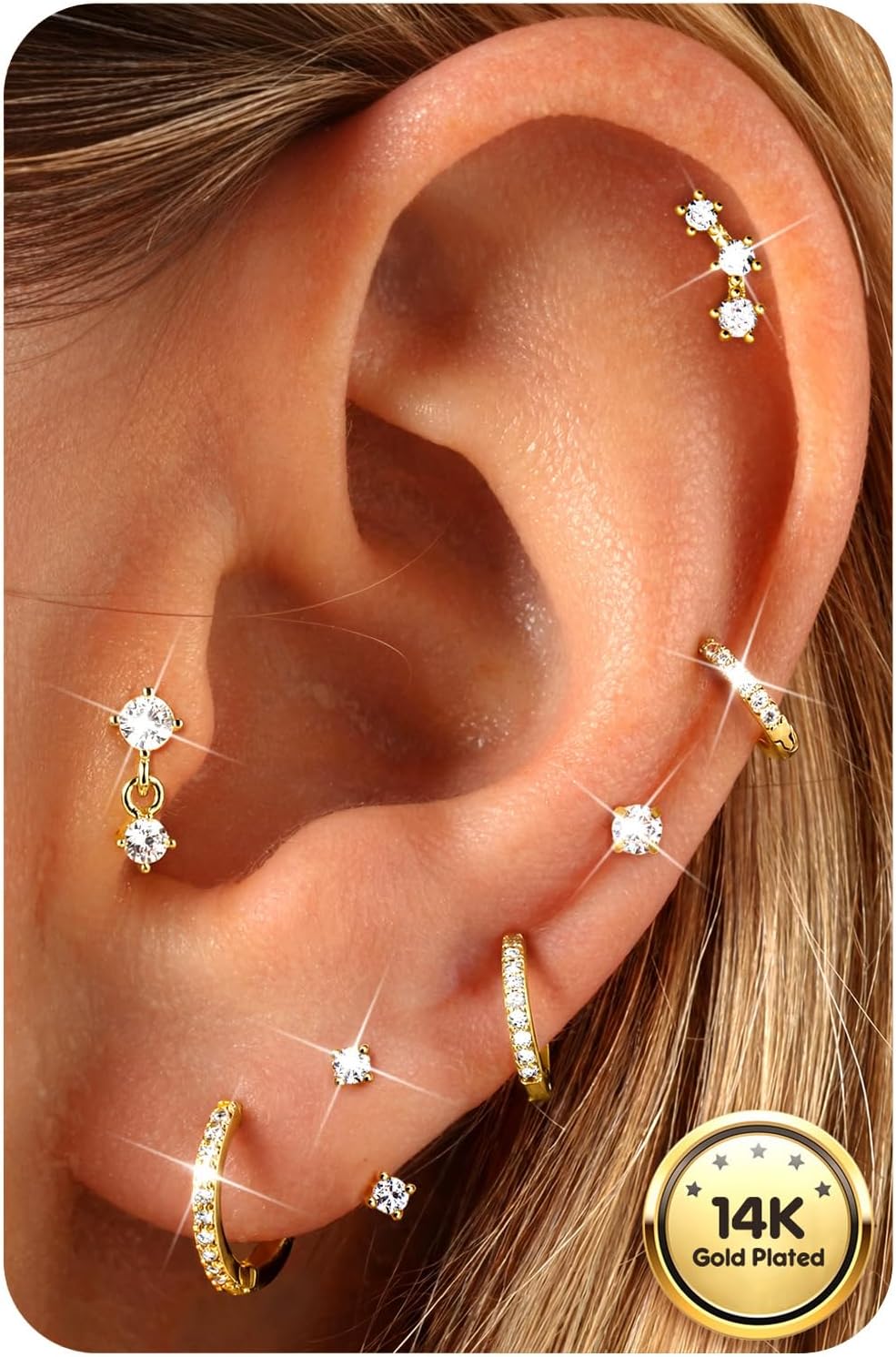 Hypoallergenic 14K Gold Plated Silver Flat Back Earrings for Women - Surgical Stainless Steel Hoop Cartilage Earrings Set Small Flatback Stud Stacks with CZ Charm Helix Conch Tragus Piercing Jewelry