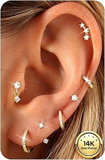 FIBO STEEL Hypoallergenic 14K Gold Plated Silver Flat Back Earrings for Women - Surgical Stainless Steel Hoop Cartilage Earrings Set Small Flatback Stud Stacks with CZ Charm Helix Conch Tragus Piercing Jewelry ClimeCo Certified