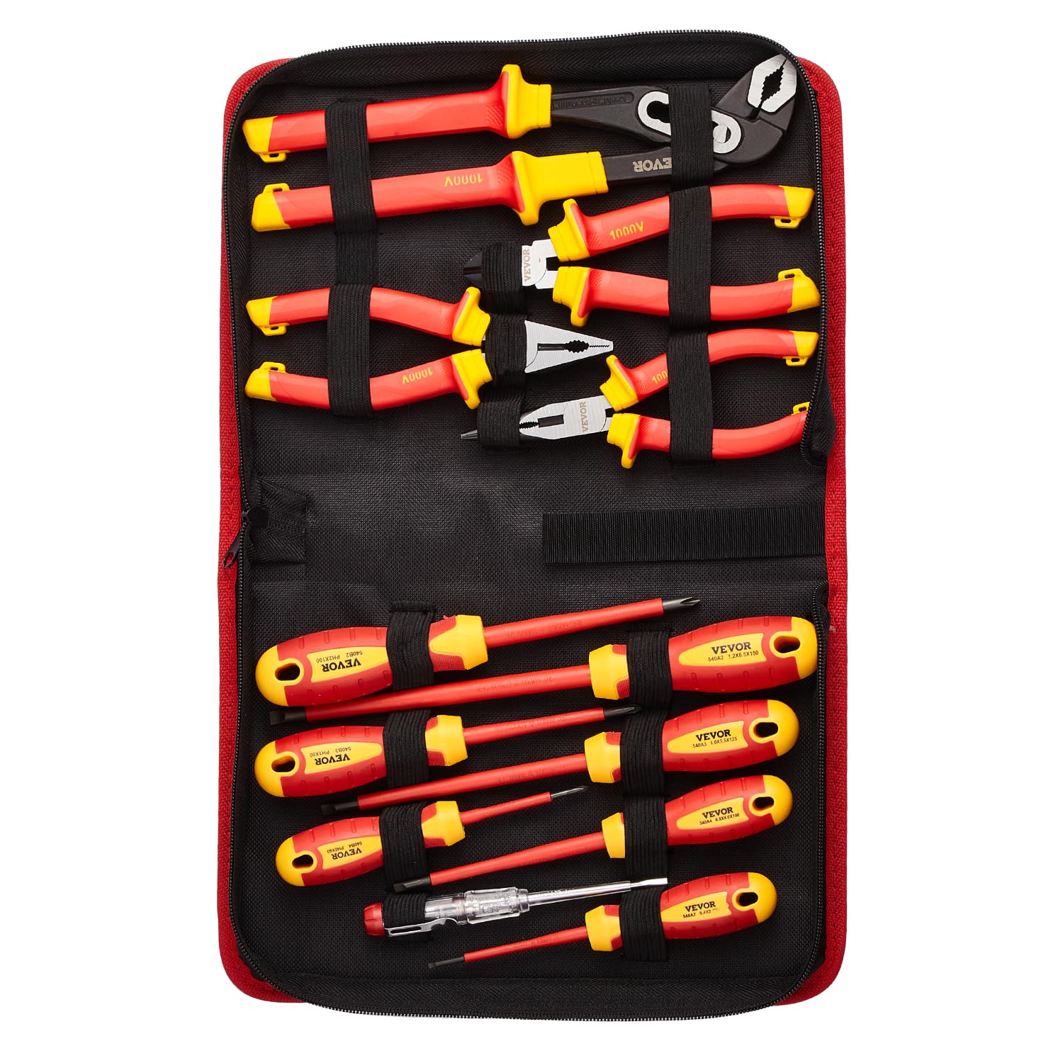 VEVOR Juego de Destornilladores Aislados, 12 PCS Kit de Destornilladores Eléctricos Profesionales con Puntas Ranuradas Phillips Magnéticas, Alicates Aislados y Alicates Diagonales para Electricistas
