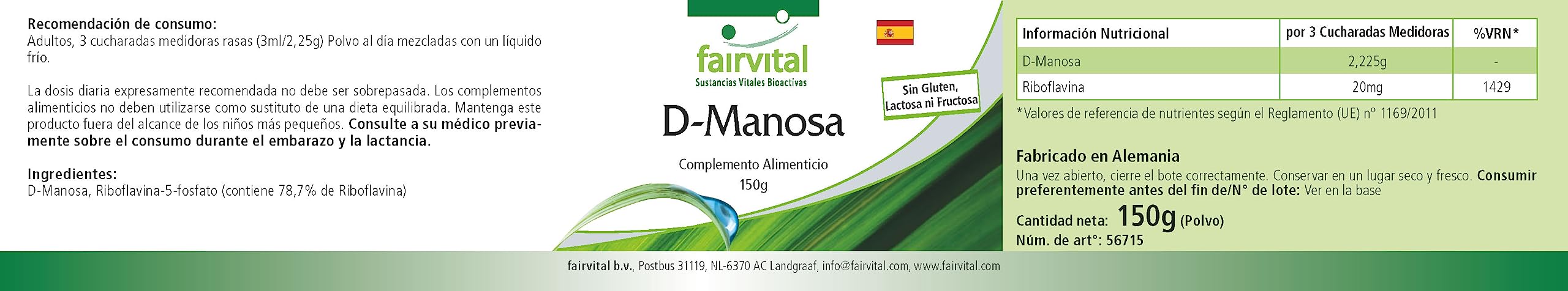 fairvital D-mannose 150 g de poudre, avec de la vitamine B2 (riboflavine), 100% pur et 100% végétalien, hautement dosé, qualité contrôlée, fabriqué en Allemagne