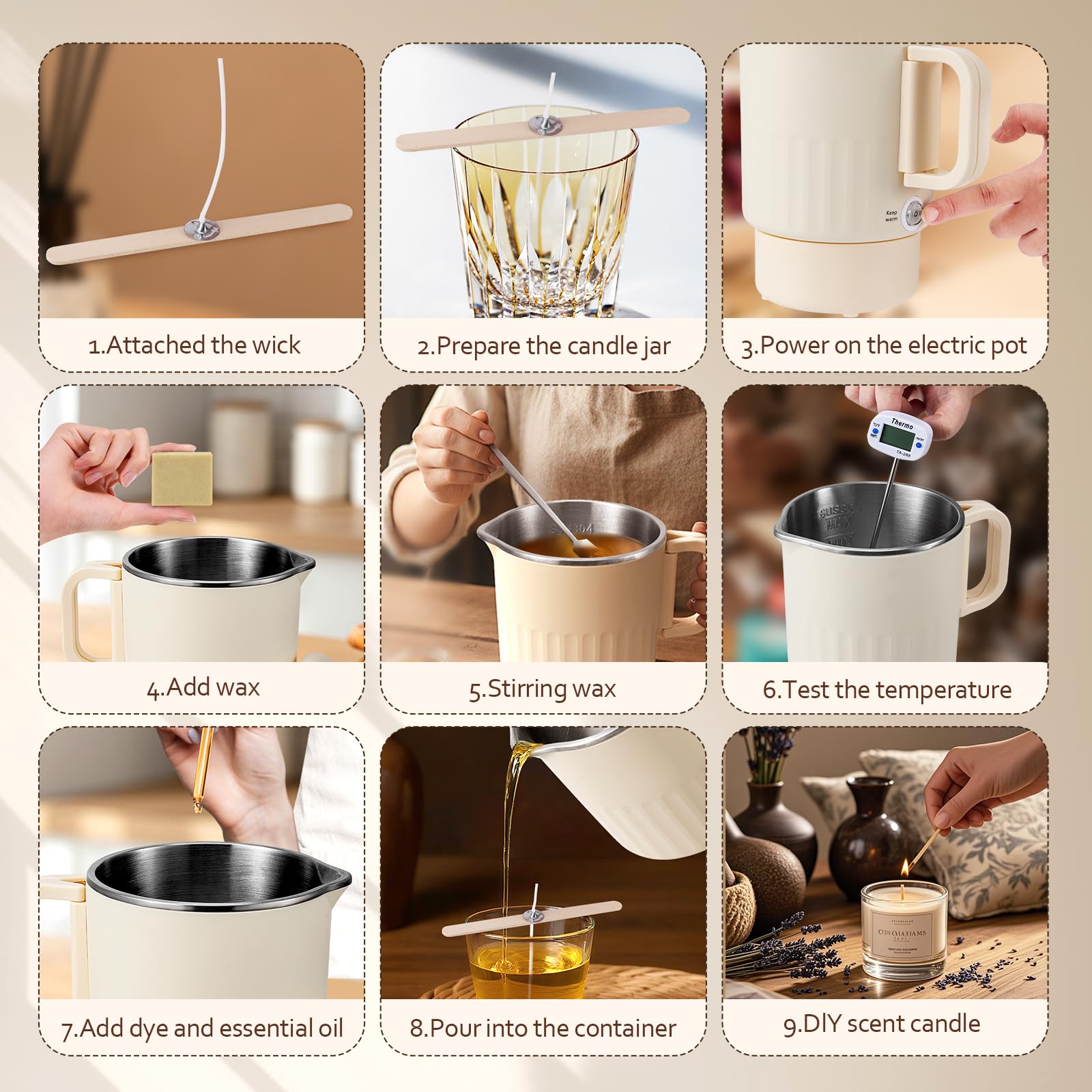 Nastopee Fundidor de cera para velas, 1 litro de olla eléctrica para fundir la cera con velas, juego para adultos, principiantes, con termómetro, mecha de vela, pegatina para mecha de vela, soporte
