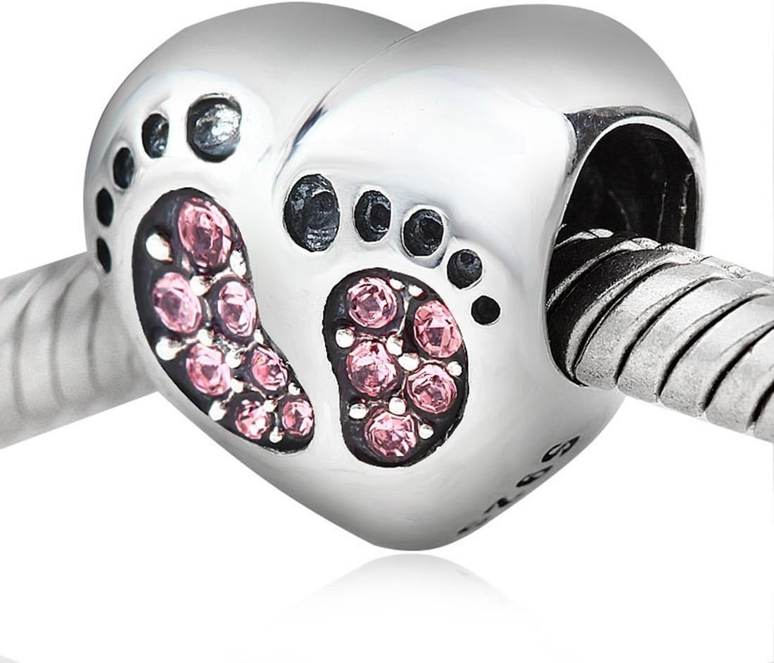 Footprint Charm 925 Sterling Silver Heart Baby Foot Charm Birthday Charm Birthstone Charm Heart Charm Anniversary Charm for Pandora Charm Bracelet (Pink) - Image 3