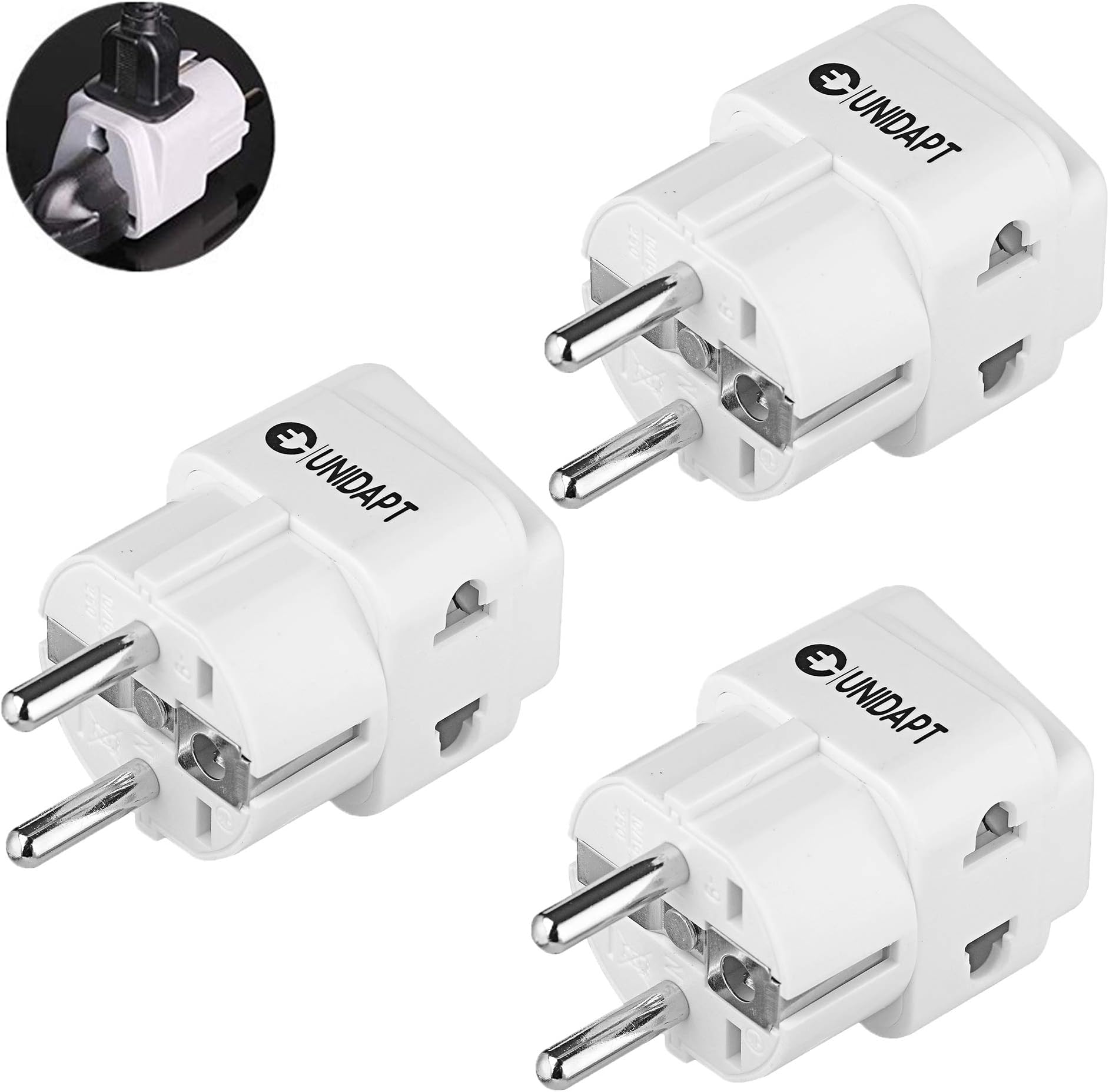 European Plug Adapter USA US to EU Europe - Unidapt Power Adapter Plug Charger Converter Schuko E-F Plug Adaptor (3 piece)