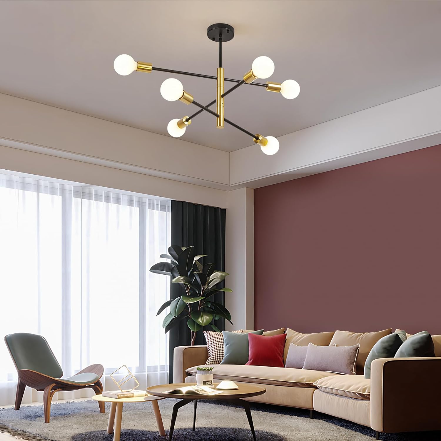 23.7" Modern Pendant Ceiling Light Fixture, 6-Light Sputnik Chandelier, Height Adjustable Mid-Century Style Dining Table Pendant Light, Suitable for Dining Rooms, Living Rooms, Kitchens, Island