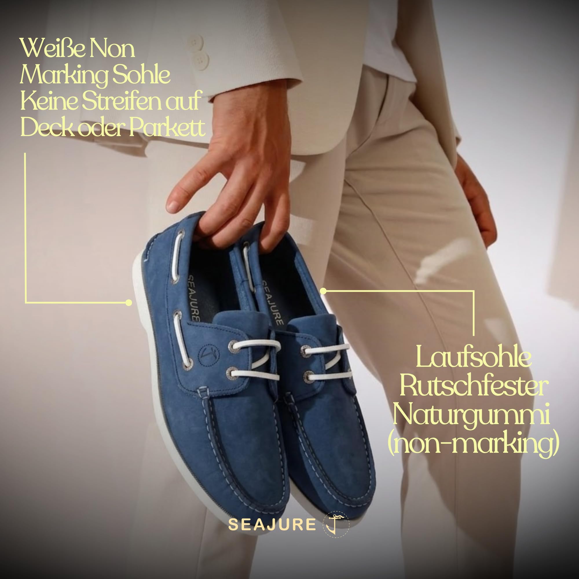 Seajure Trebaluger Bootsschuhe Herren Leder, Blau, Premium Segelschuhe, Mokassins, Slipper, Halbschuhe aus Echtleder Nubuk, rutschfeste Non Marking Gummisohle, handgefertigt in Portugal