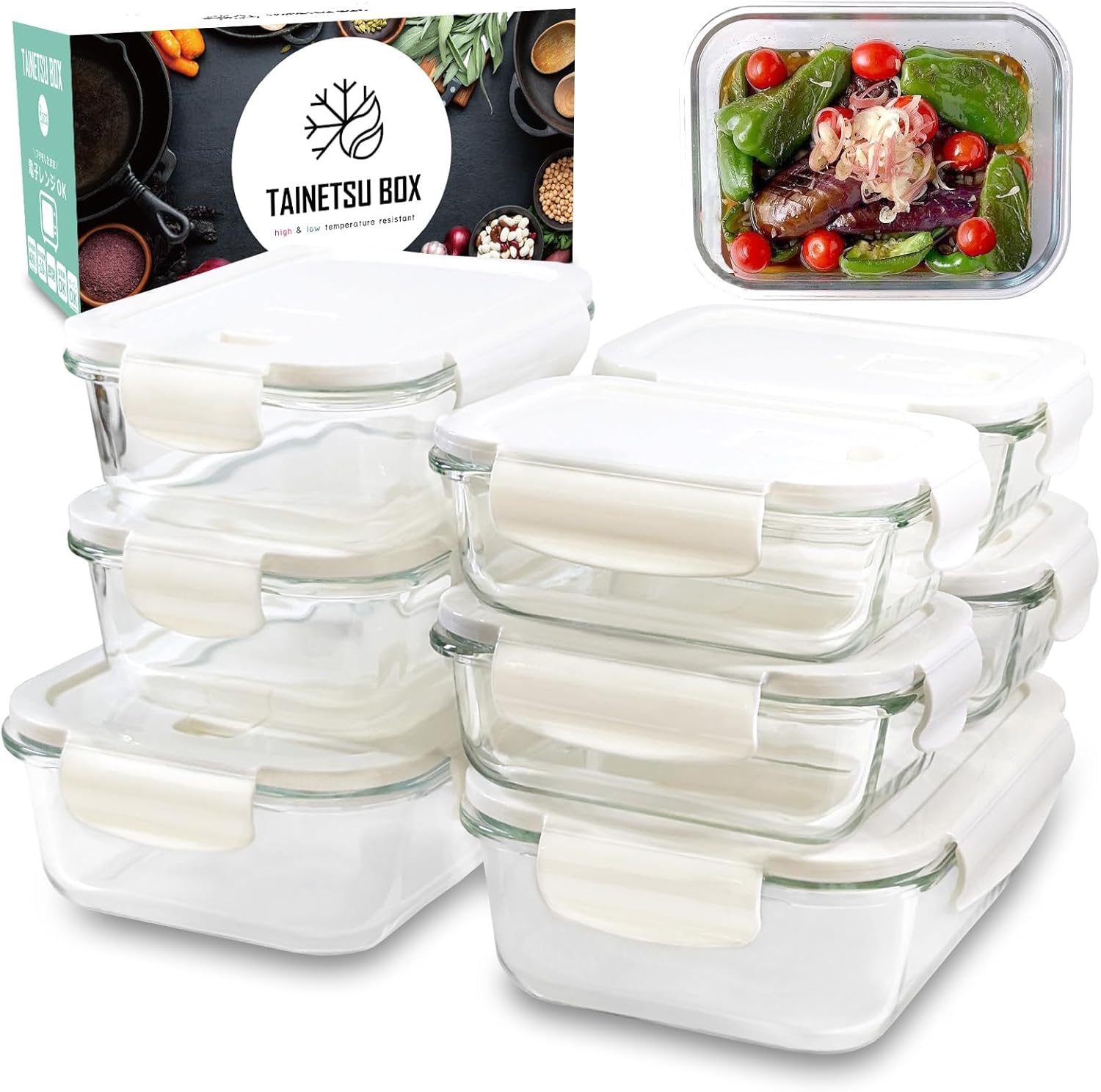 【料理雑誌掲載商品】 耐熱ガラス 耐熱容器 タッパー ガラス 保存容器 耐熱皿 フタをしたまま 電子レンジ対応 オーブン 密閉保存 耐冷 四角 長方形 蓋付き 作り置き BPAフリー ギフト 日本国内検査済み タイボ (8個セット)