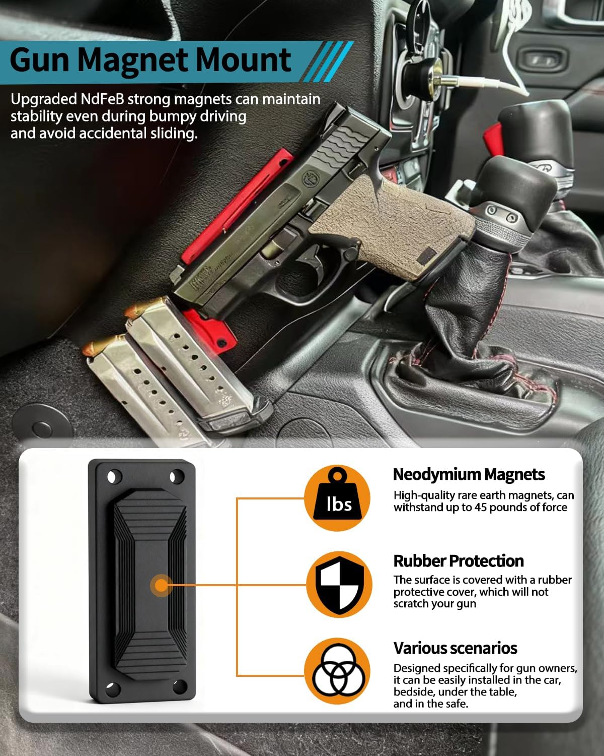 HEKAGURA Gun Magnet Mount, 55 lb Rating,Magnetic Gun Holster| Rubber Coated Gun Holder for Handgun, Shotgun, Rifles, Revolvers| Beside Holster, Using in Cars, Trucks, Wall, Desk