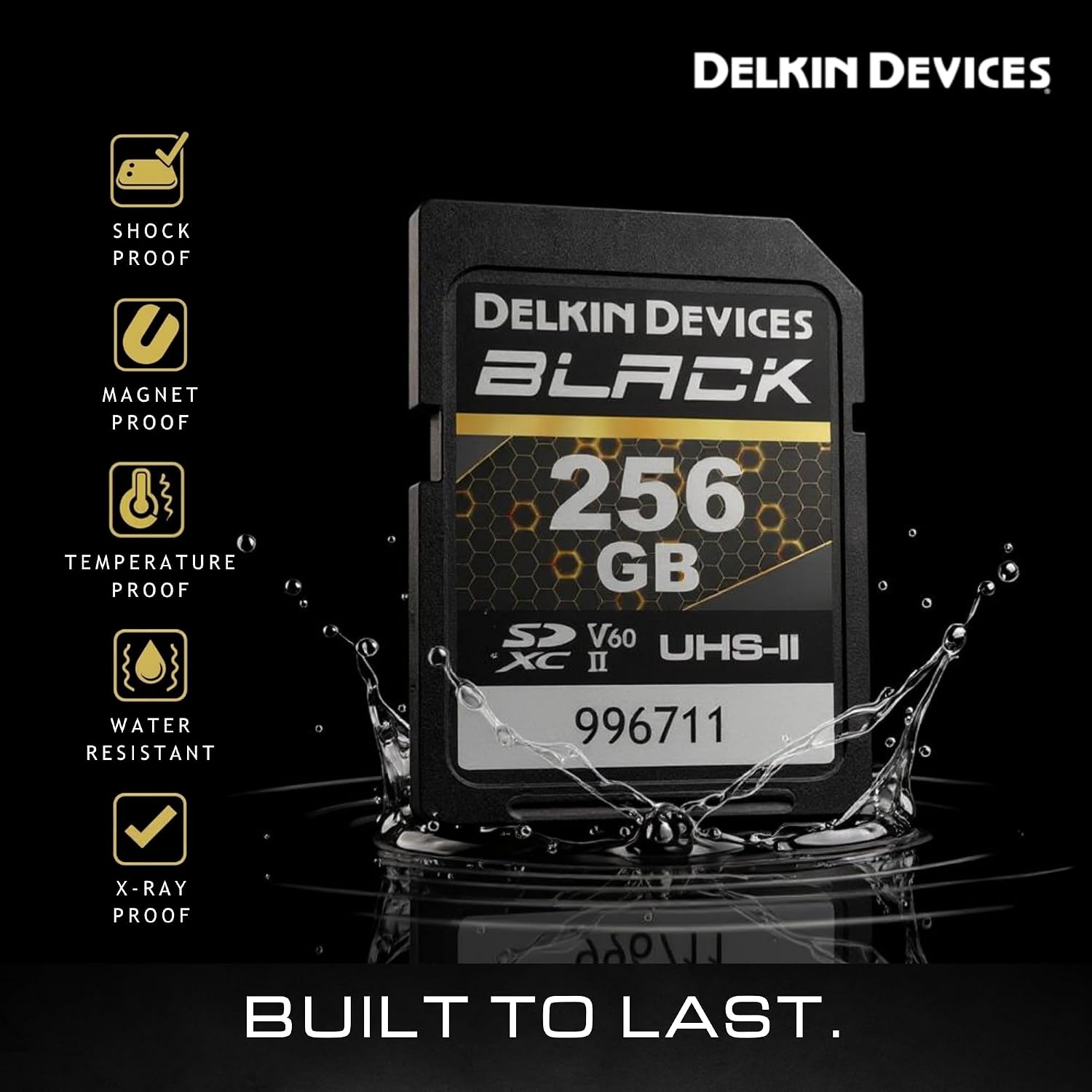 Delkin Devices Black Rugged SDXC Memory Card, UHS-II, C10, U3, V60, Full HD & 8K Video, Fast Speeds Up to 290MB/s Read, 190MB/s Write, Ideal for Photographers and Videographers (256GB)