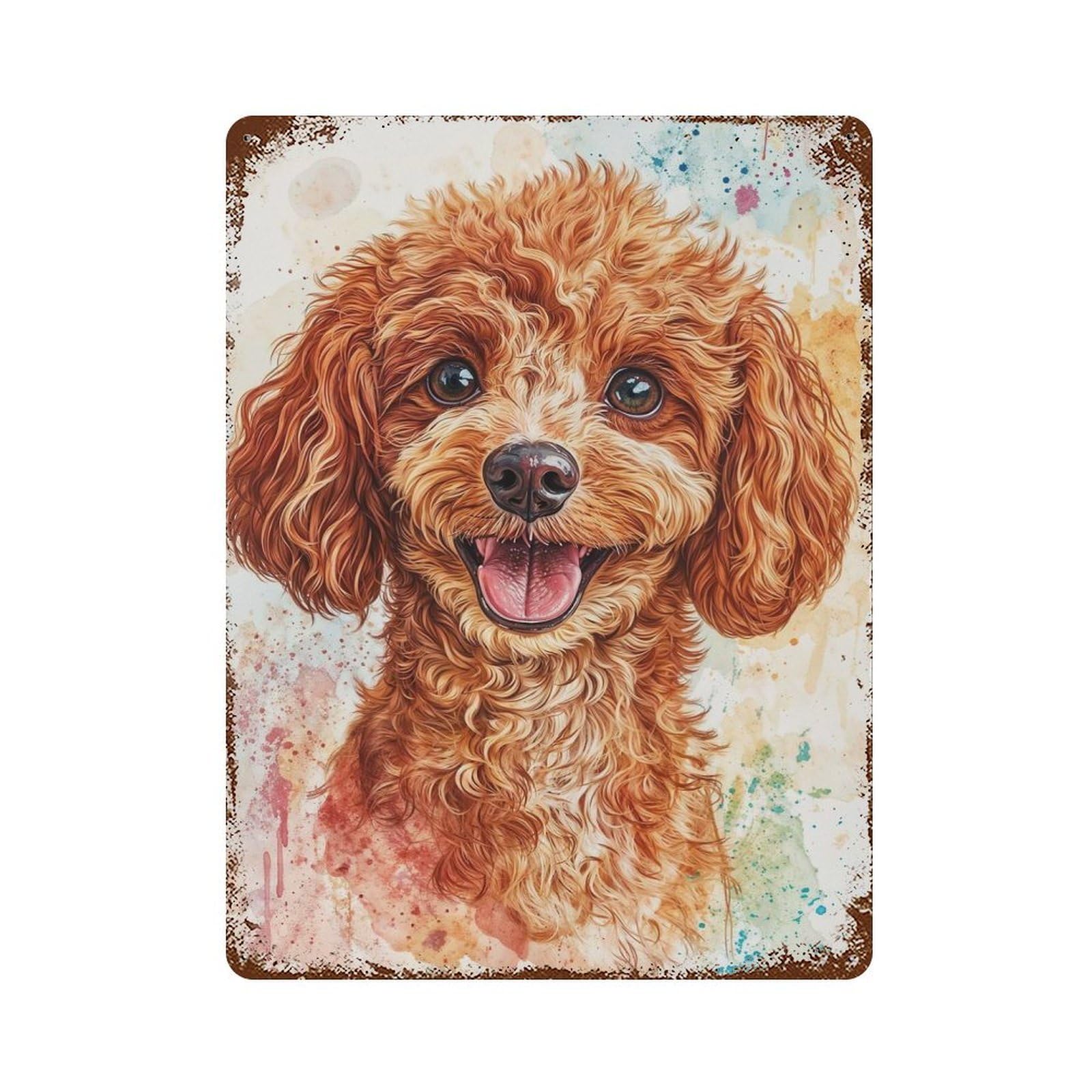 Aged Metal Wall Plaque with Smiling Poodle Portrait Design 15.7"x11.8", for Farmhouse, Kitchen And Entryway Decor, Retro Wall Decor