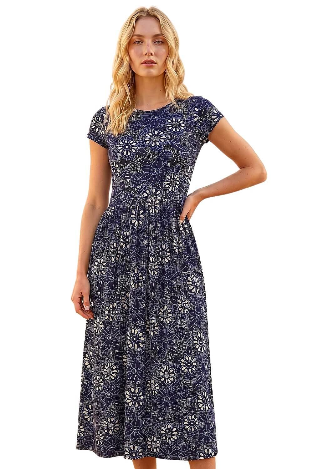 Roman Women's Navy Floral Print Pocket Stretch Midi Dress In | Size: 18