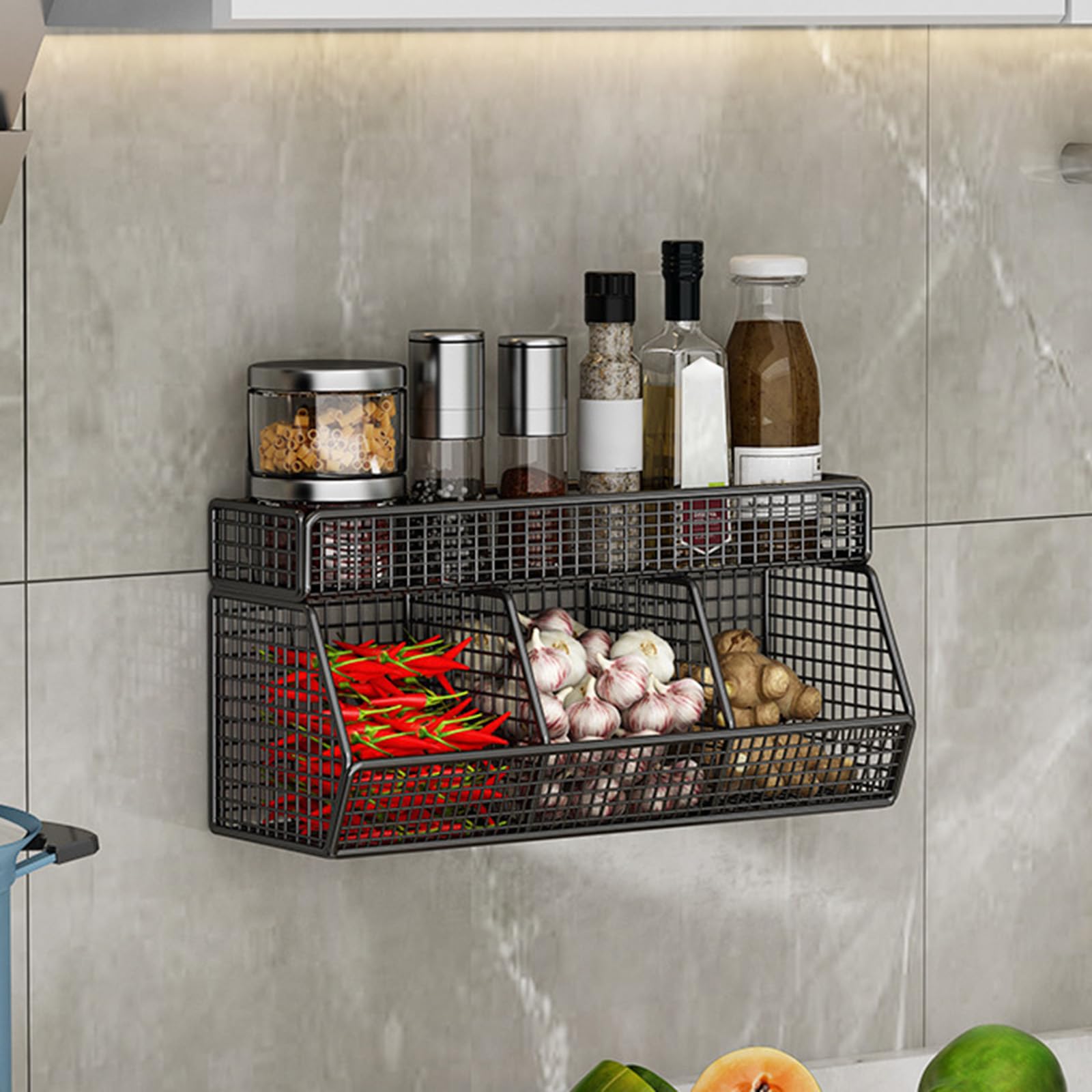 perfk Cestino Portafrutta Da Appendere Alla Parete, Organizer Da Parete, Robusto Supporto in Filo Metallico per Conservare Verdure Frutta Snack, Per Cucina/Dispensa/Bagno, 3 griglie