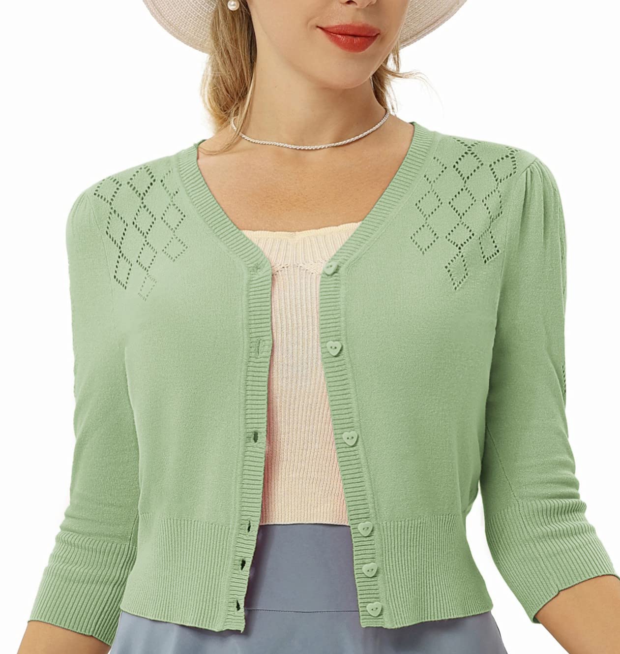 Belle PoqueWomen's 3/4 Sleeve Cropped Cardigan Vintage V-Neck Button Down Sweaters Open Front Bolero Shrug Knit Top