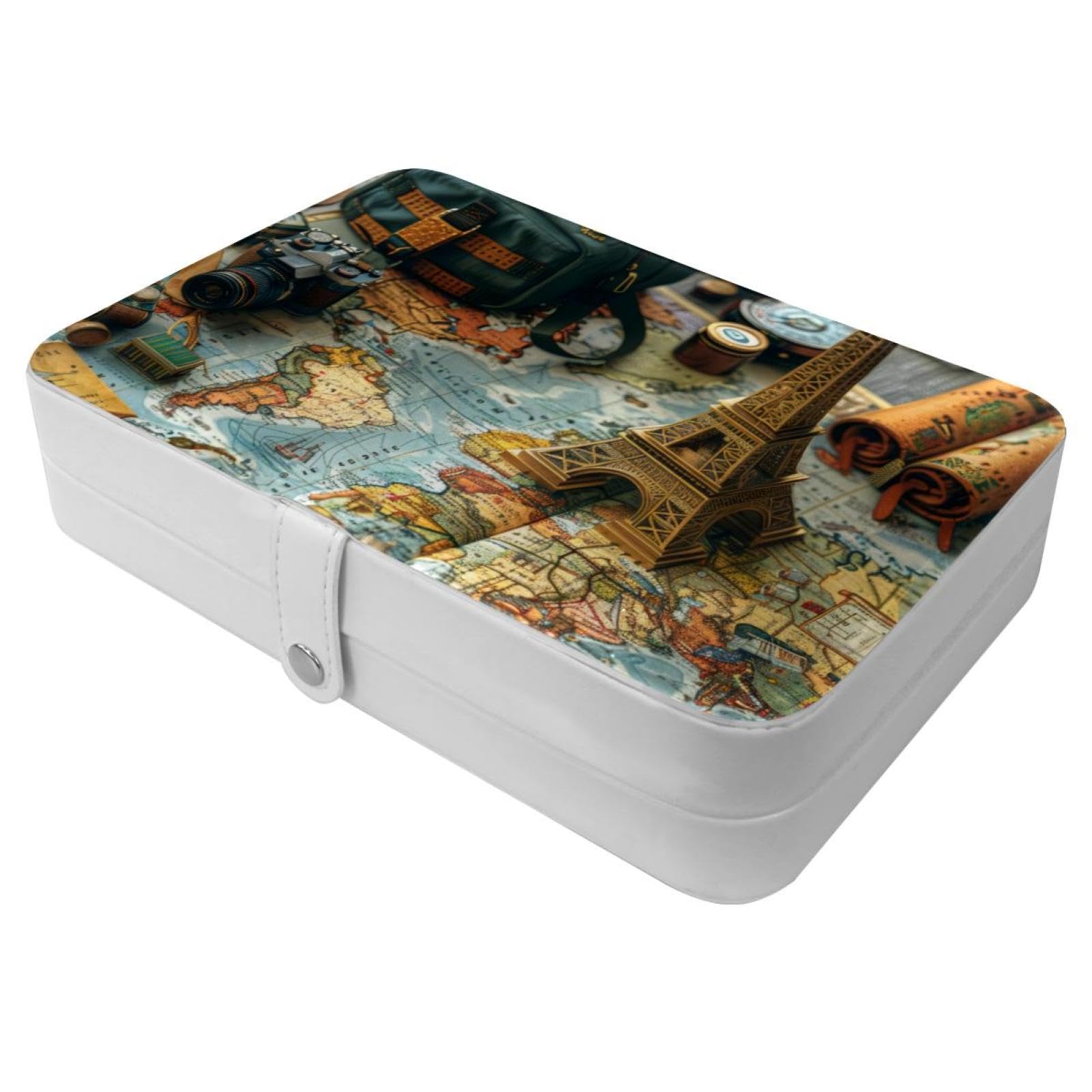 Boîte à bijoux pour femme : organisateur de voyage portable avec motif carte du monde