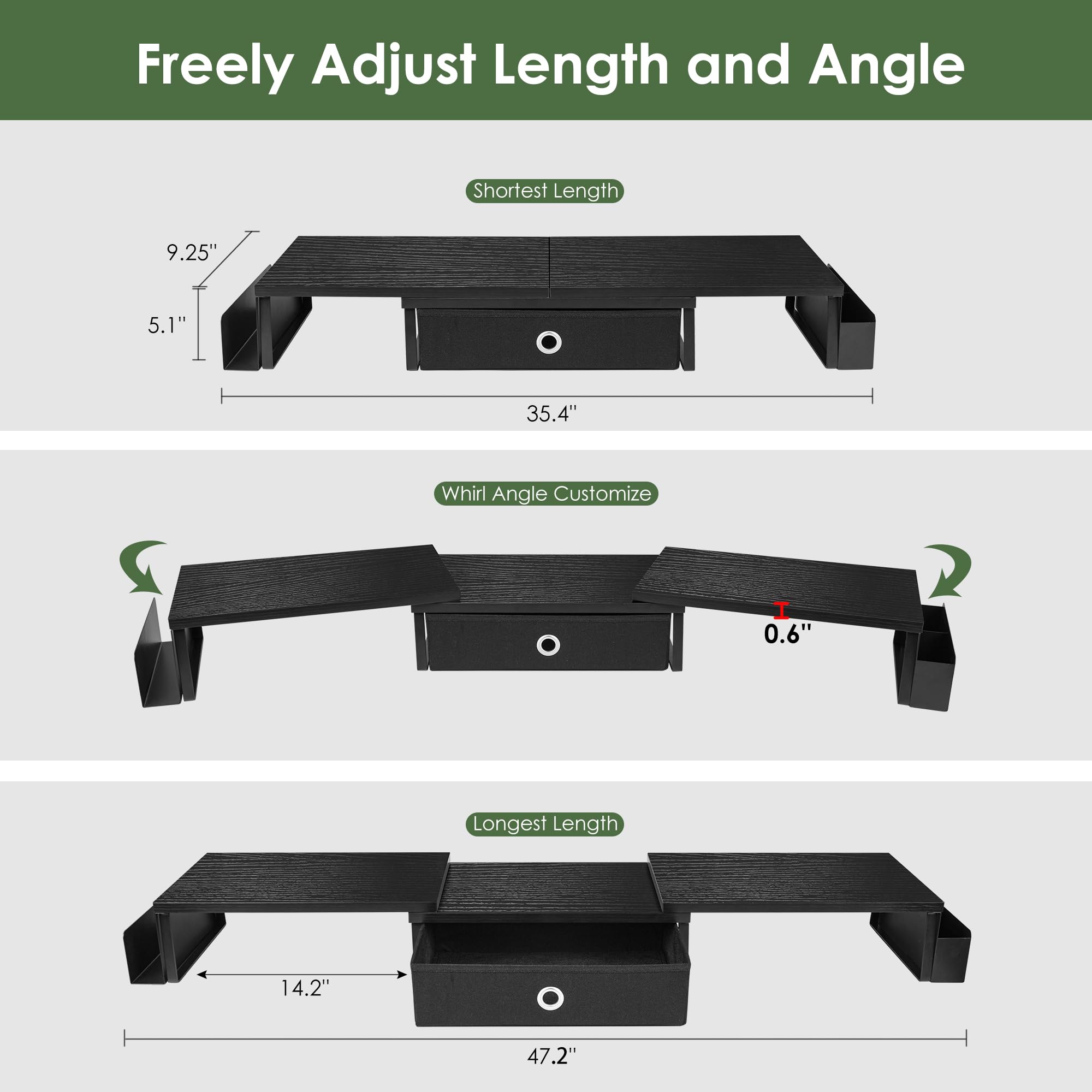 Dual Monitor Stand Riser w/ Drawer & Metal Leg, Large Computer Monitor Riser w/ Storage For 2 Monitors, Desk Shelf For Monitor w/ Adjustable Length & Angle, Desktop Organizer For Laptop/TV/Printer