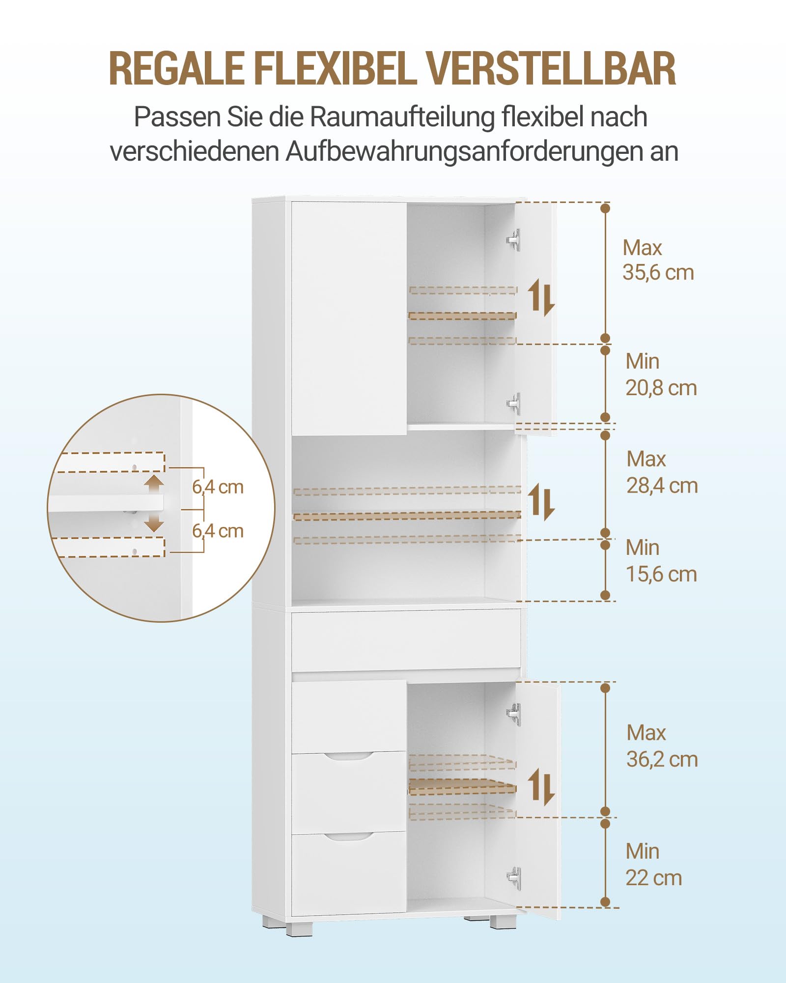 Hzuaneri Badezimmerschrank, Hoher Badschrank mit Verstellbaren Ablage, Kommode mit 4 Schubladen und 3 Schranktüren, Küchenschrank,Modern, für Wohnzimmer, Badezimmer 30 x 60 x 190 cm Weiß SC15503X