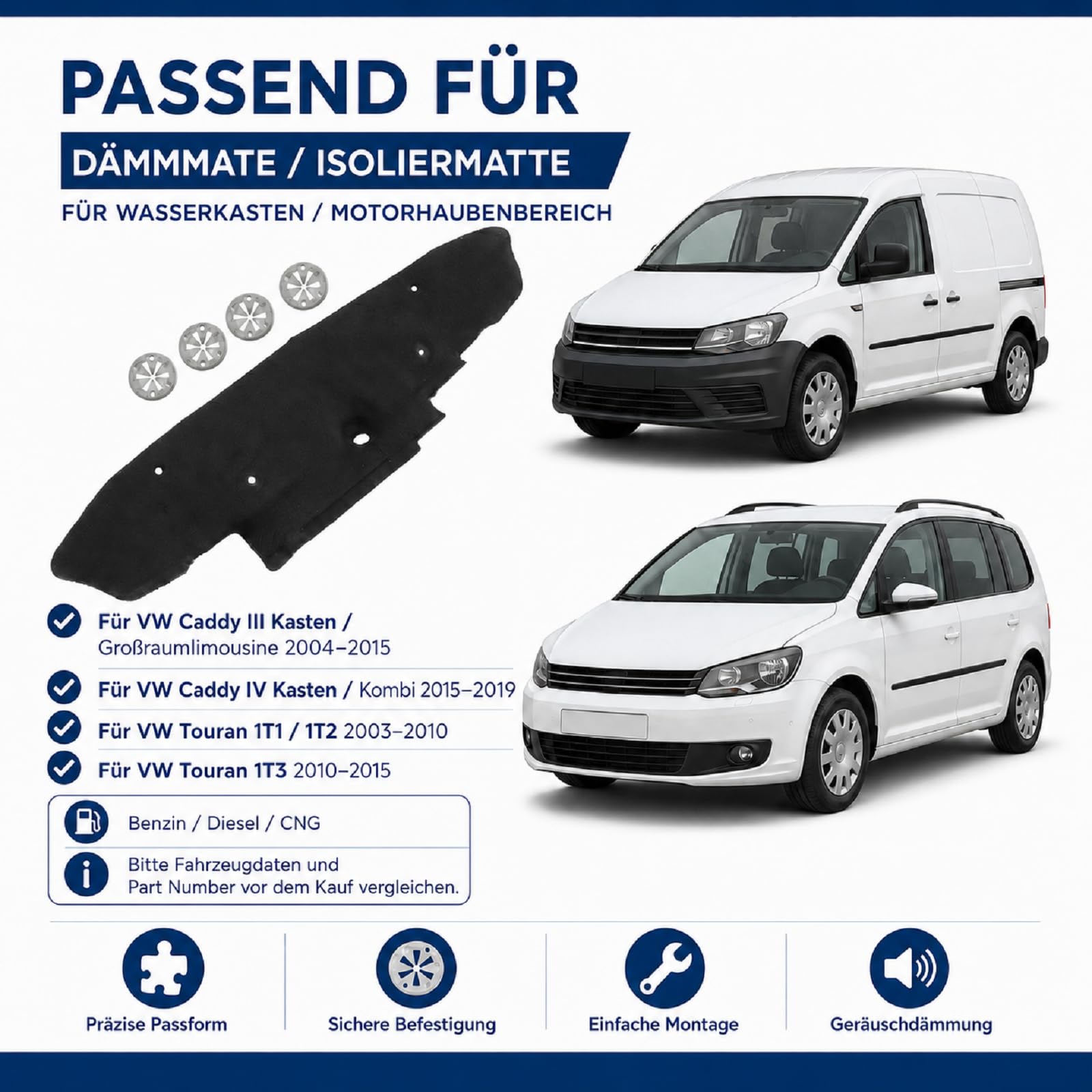 Dämpfungsmatte Wasserkasten Isoliermatte Dämpfung Motorhaubendämmung Dämmmatte Kompatibel mit VW Touran Caddy 2003–2019 1T0863993G Baumwolle — Geräuschdämmung Hitzeschutz