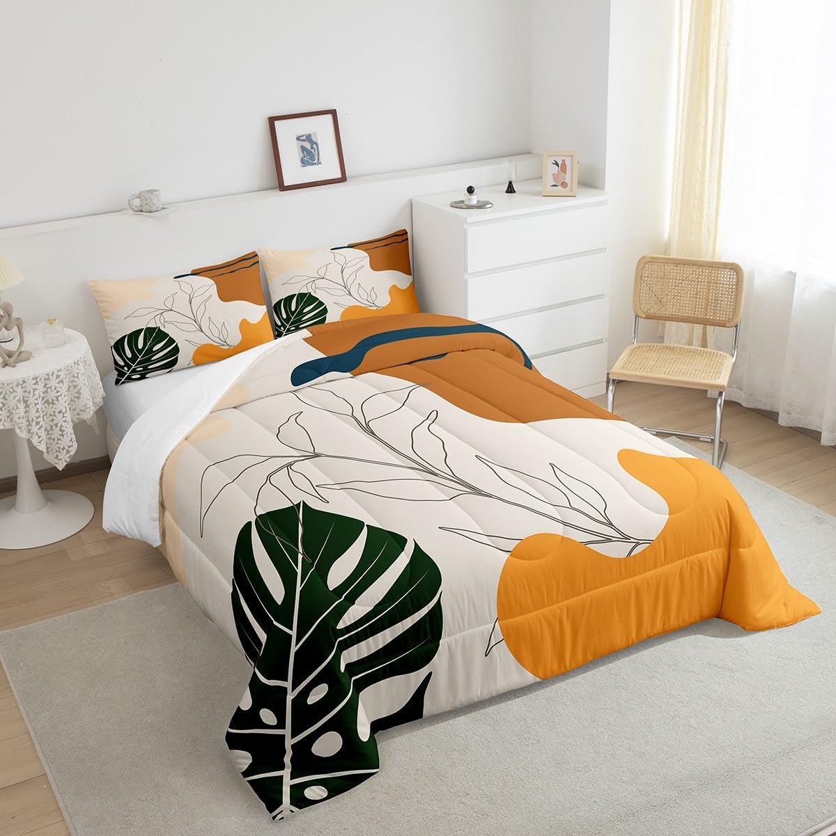 Palm Leaves Comforter Set Queen Size Boho Botanical Bedding Set for Young Retro Exotic Botanical Leaf Modern Art Abstract Sun Moon Green Yellow Down Comforter 3Pcs Bedding Comforters & Sets