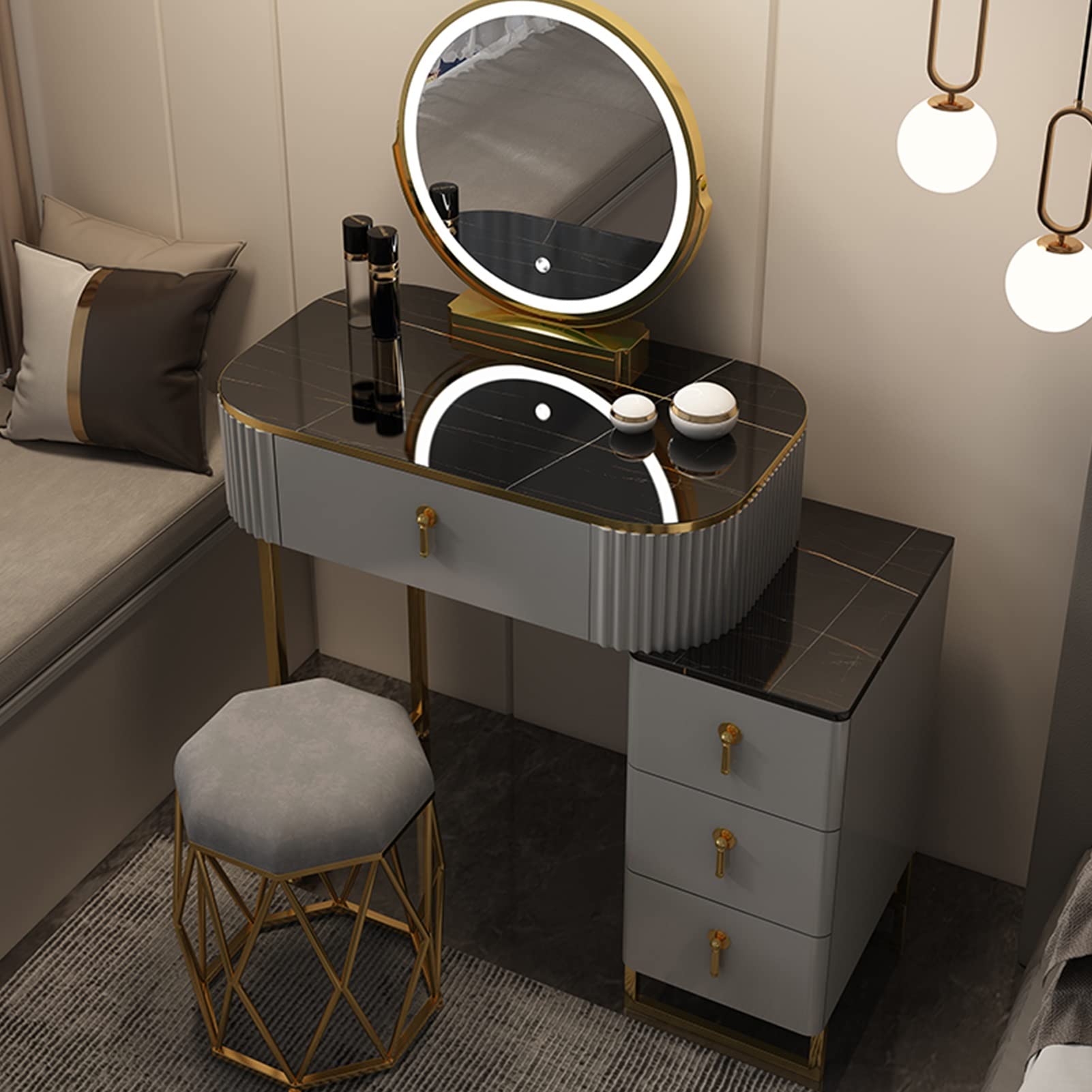 asdchZen Adjustable Led Makeup Vanity Table With Cushioned Stool & Drawers-Stylish Dressing Table For Bedroom Decor, White, 60Cm / 23.6In-Perfect Cosmetic Storage Solution,Gray B-50cm/19.6in