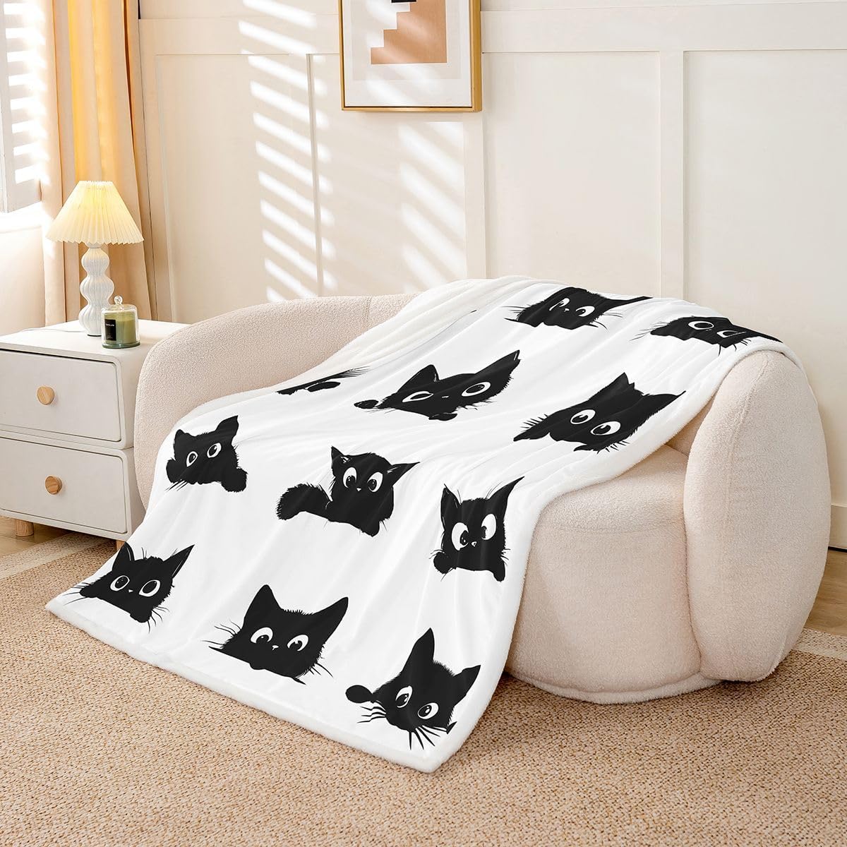 Erosebridal Cute Cat Fleece Blanket Queen 90x90 for Kids Boys Girls (Black and White) - Funny Black Cats Sherpa Blanket Cartoon Kitten Animal Fuzzy Plush Throw Cute Cat Decor