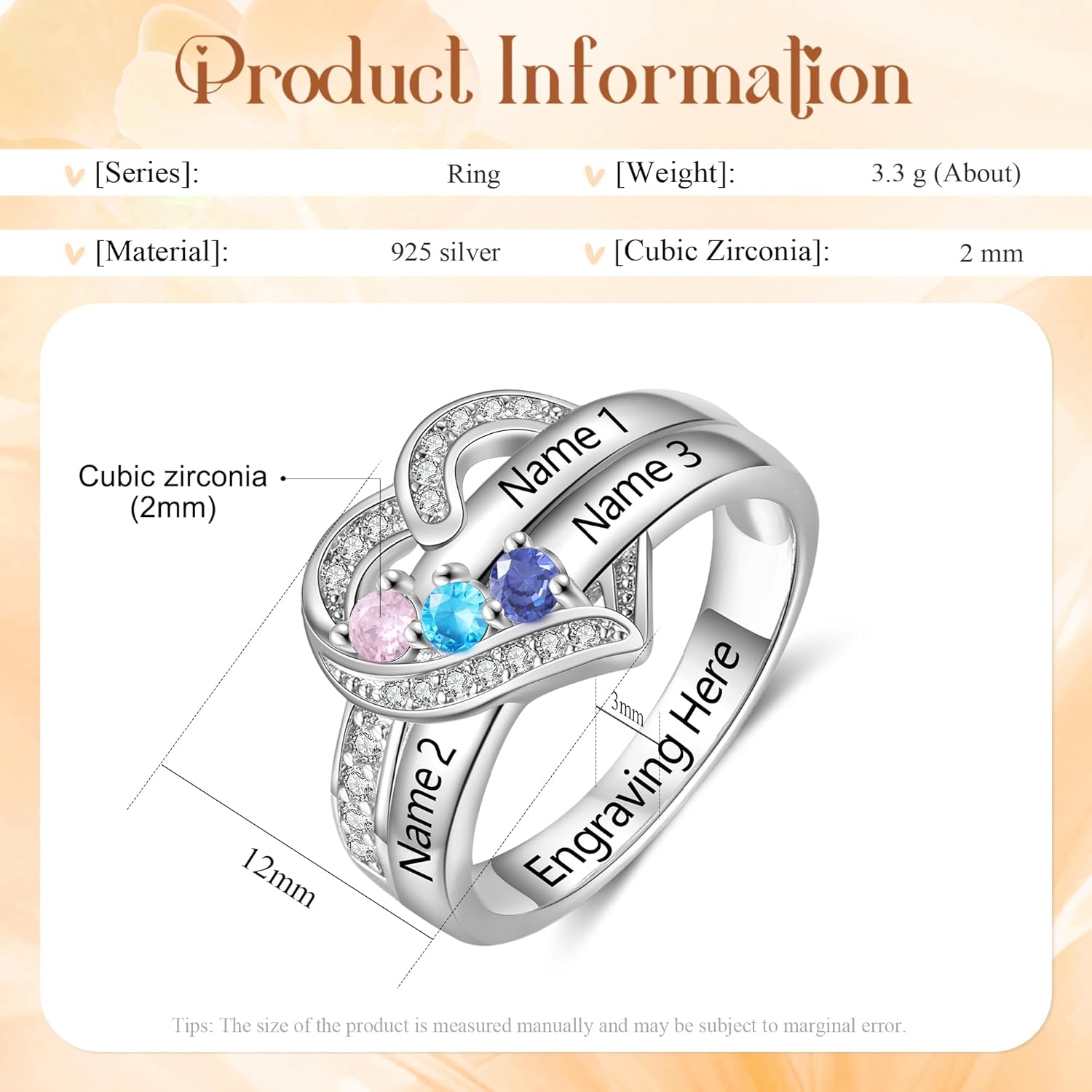 925 Sterling Silver Personalized Mothers Ring with 2 Birthstones Custom Engraved Name Engagement Wedding Promise Rings for Women Mothers Day Birthday Gifts for Mom Grandma Wife - Image 2