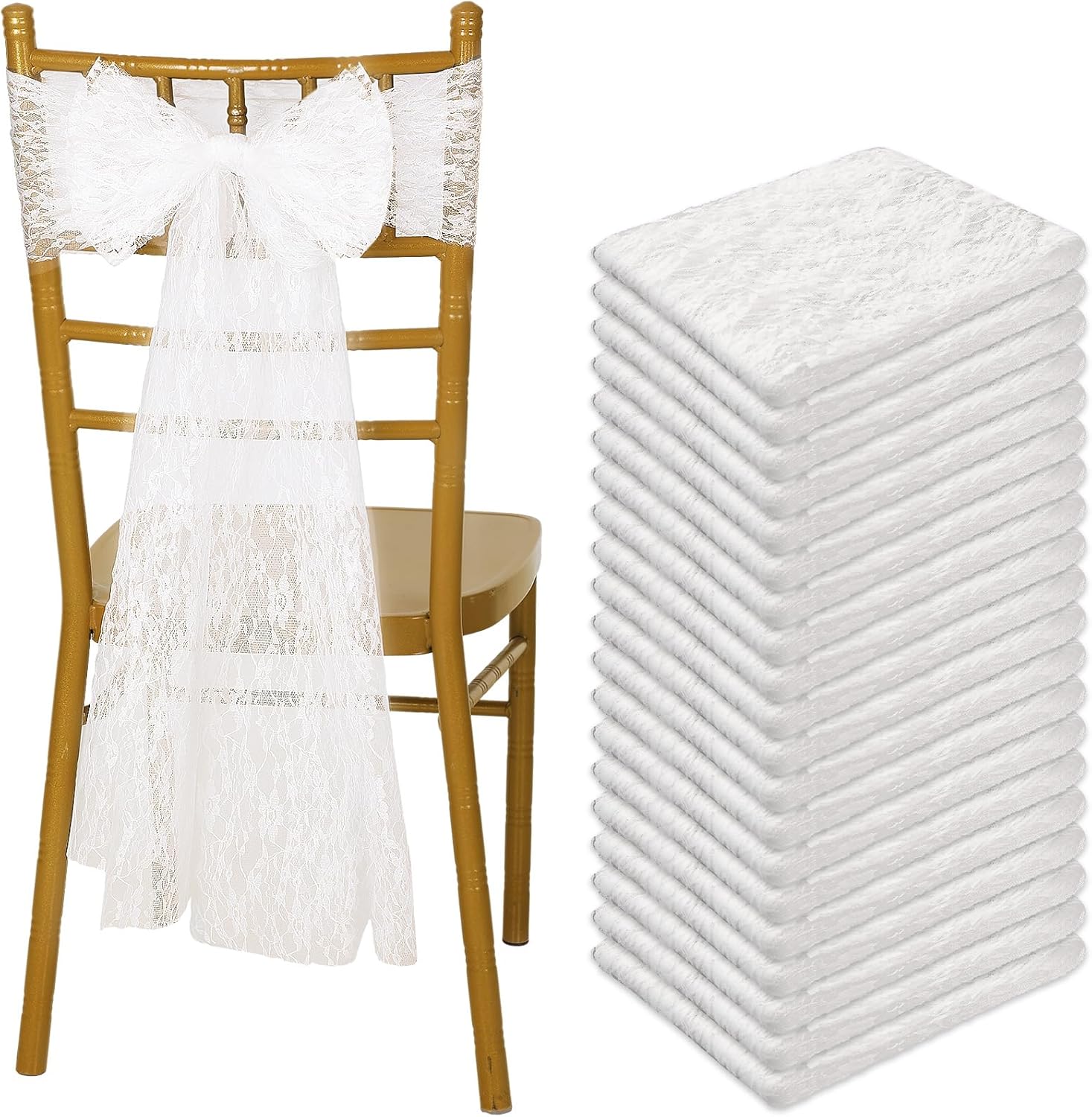 VitalCozy 50 Pcs Vintage Chair Sashes Embroidered Boho Bows Rustic Floral Chair Ties for Wedding Bridal Shower Baby Shower Birthday Party Table Decoration, 7 x 108 Inches(Lace,White)