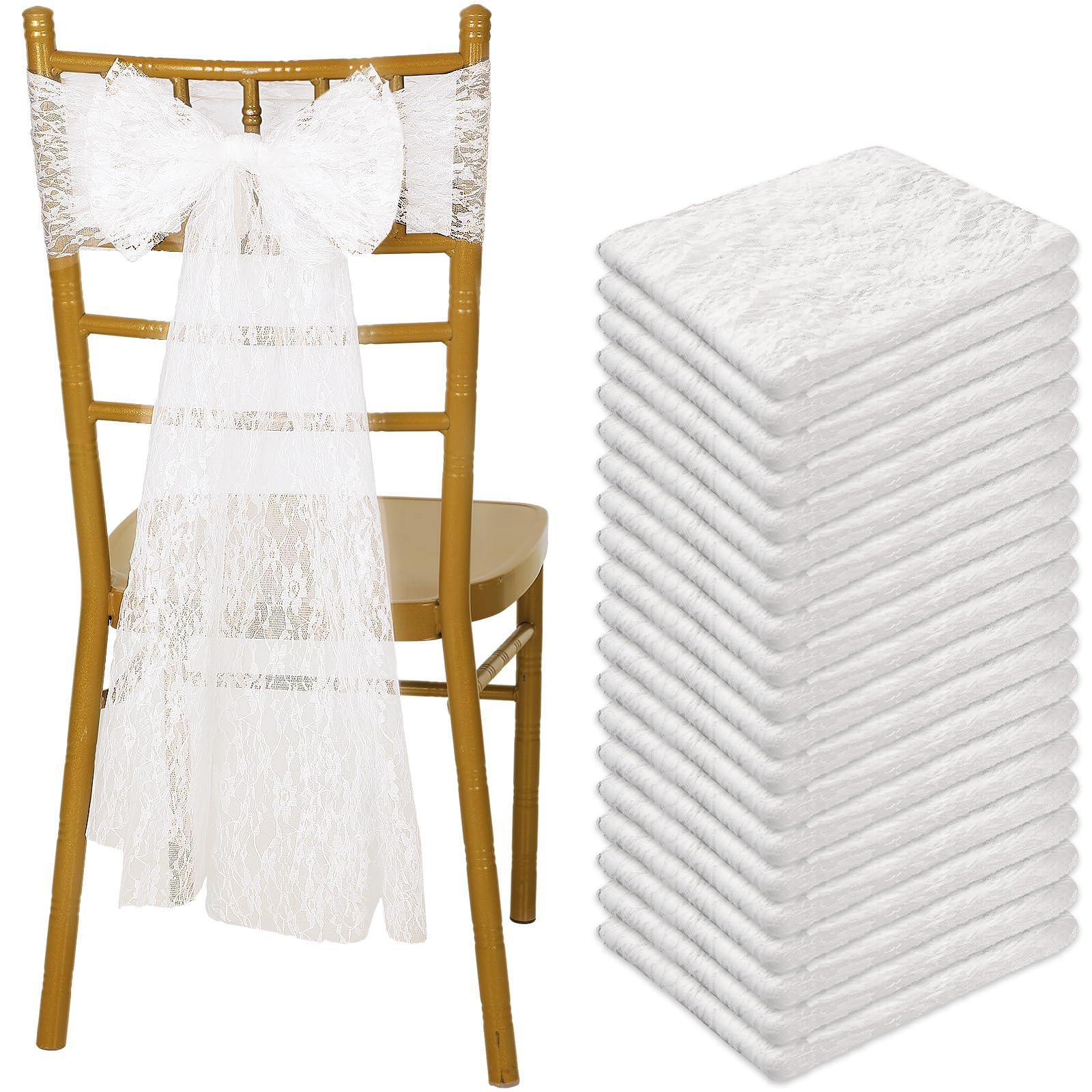 VitalCozy 50 Pcs Vintage White Lace Chair Sashes Embroidered Boho Bows Rustic Floral Chair Ties Slipcovers for Wedding Bridal Shower Baby Shower Birthday Party Table Decorations, 7 x 108 Inches