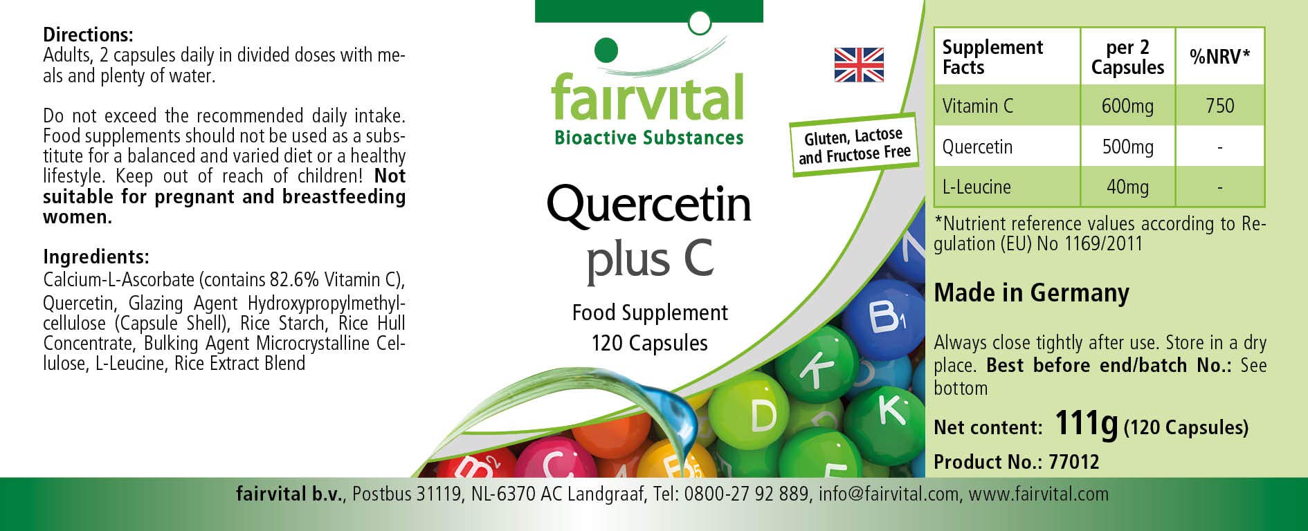 fairvital Gélules de quercétine à la vitamine C, 120 gélules, HAUTEMENT DOSÉ, 250mg de quercétine plus 300mg de vitamine C par gélule, VÉGÉTALIEN, antioxydant