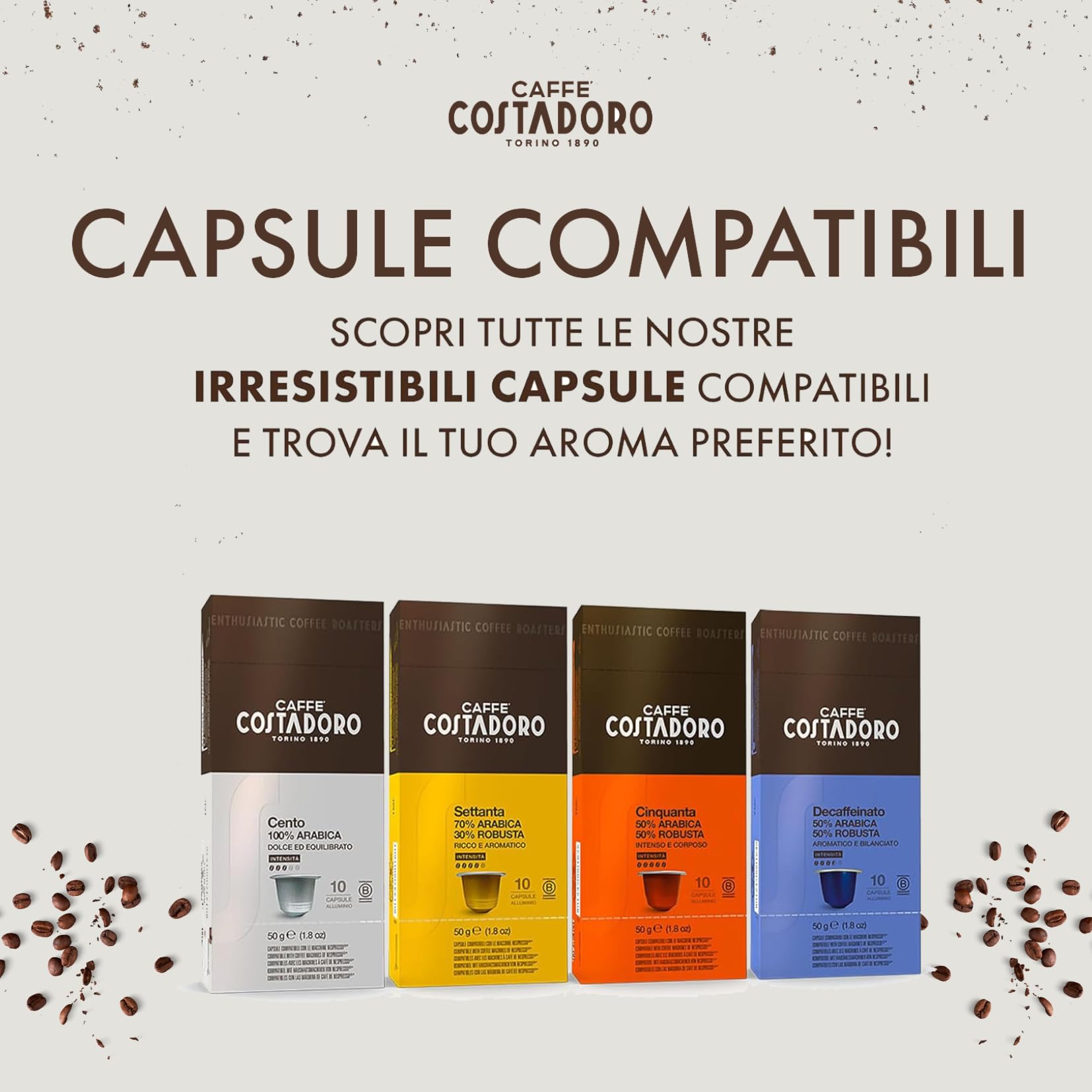 Costadoro Cento – 100 kapsułek kompatybilnych z Nespresso, 100% Arabica, 10 × opakowań po 10 kapsułek + 100 kubków kompostowalnych, wyprodukowano we Włoszech