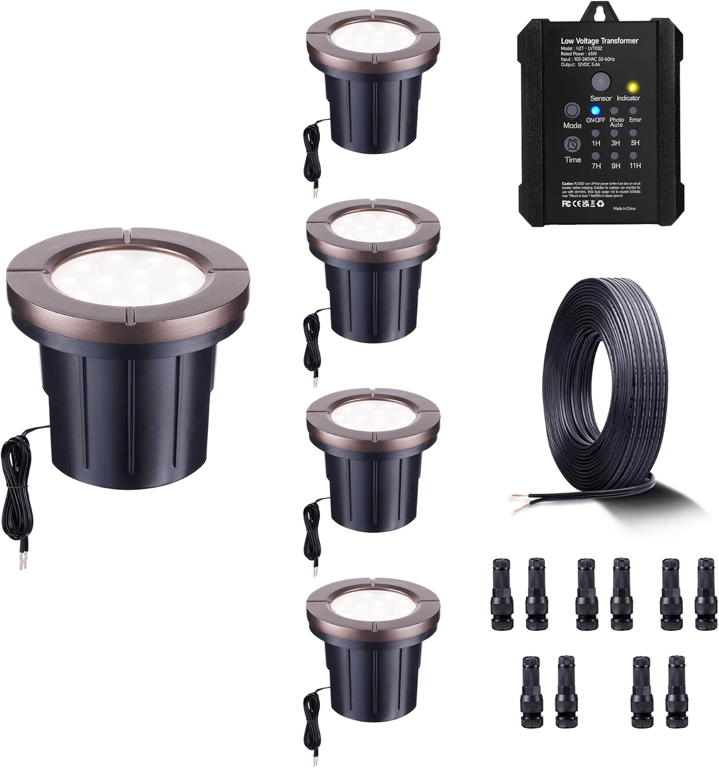 In Ground Well Lights Bundle: 5 Pack 6W 580LM LED Fixtures (3000K), 65W Transformer with Photocell and Timer, 65ft 16/2 Cable and 10 Fastlock Connectors, 12V IP67 Aluminum